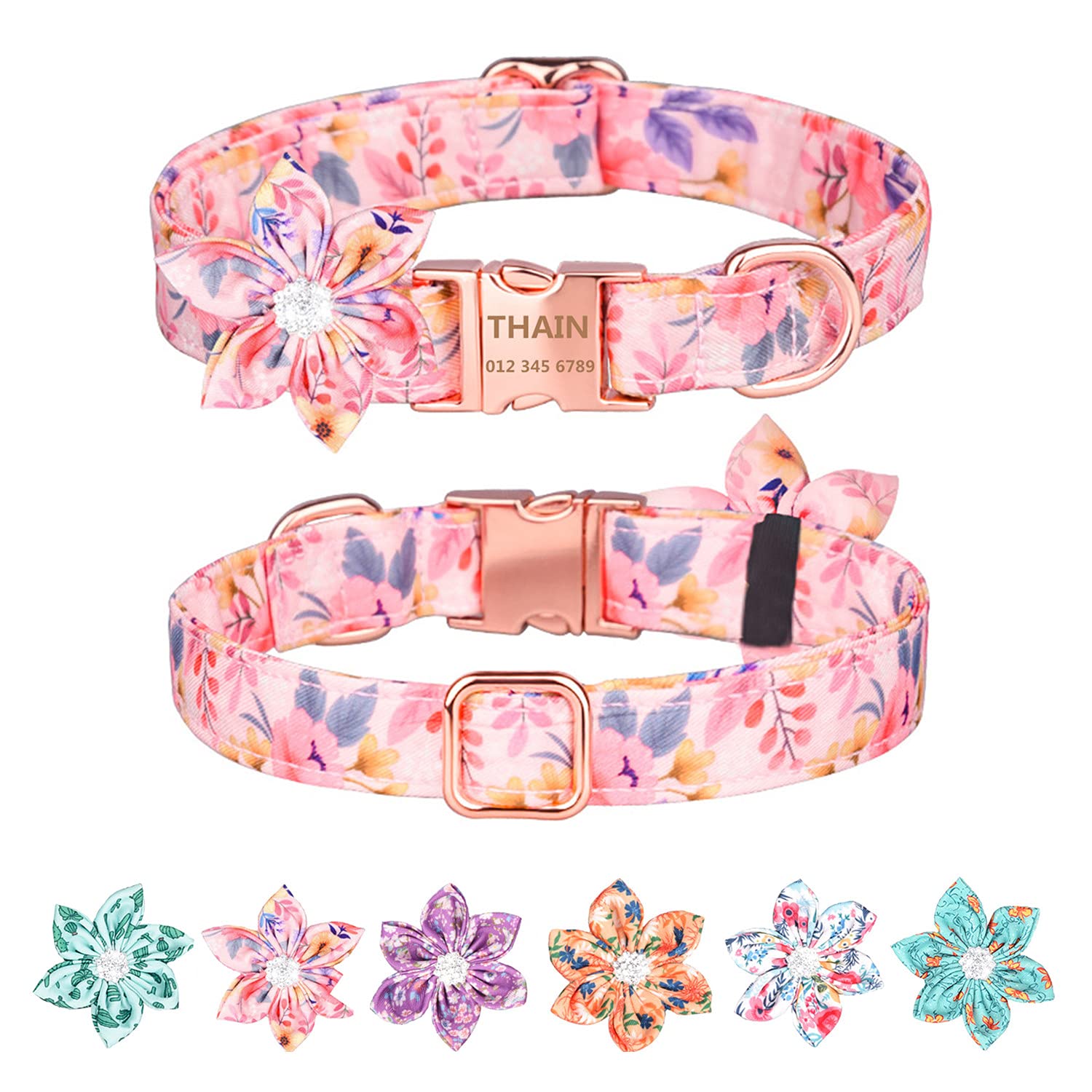 Custom Personalized Floral Dog Collar for Female Dogs - Engraved Name, Rose Gold Buckle, Adjustable (12.2-19.6