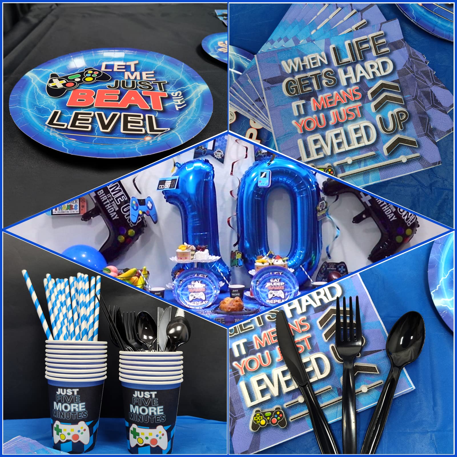 Vlipoeasn Blue 10th Birthday Party Supplies Set - Disposable Paper Plates, Napkins, Cups, Tablecloth, Hanging Swirls & Banner for 16 Guests | Video Game Themed Decorations for Boys Birthday Celebration | Perfect for Gaming Parties & Kids Birthday Events