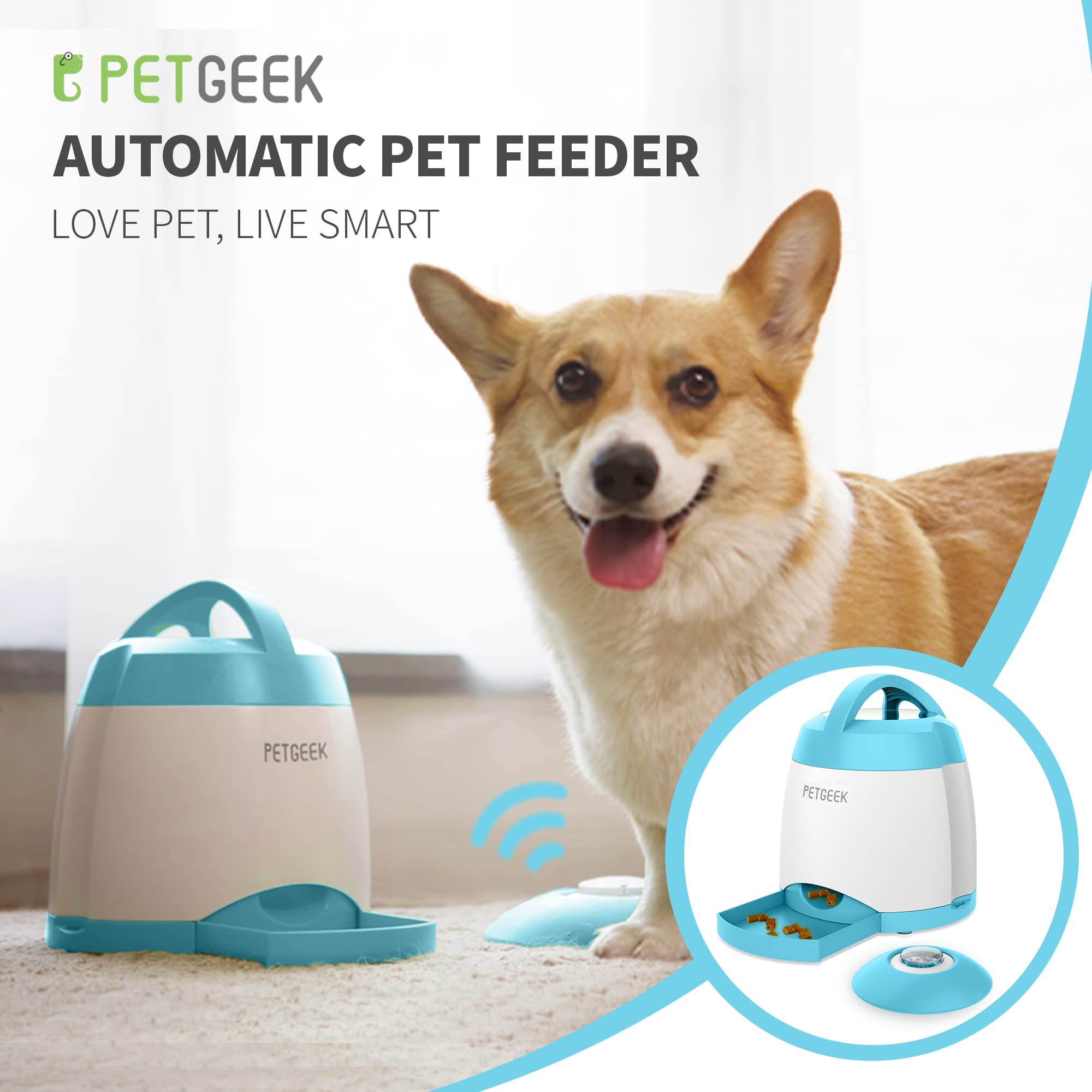 PETGEEK Automatic Dog Treat Dispenser with Button - Remote Control Interactive Dog Toy with Dual Power Supply for Training & Play | Indoor & Outdoor Puzzle Toy for Small Medium Large Dogs (Blue)