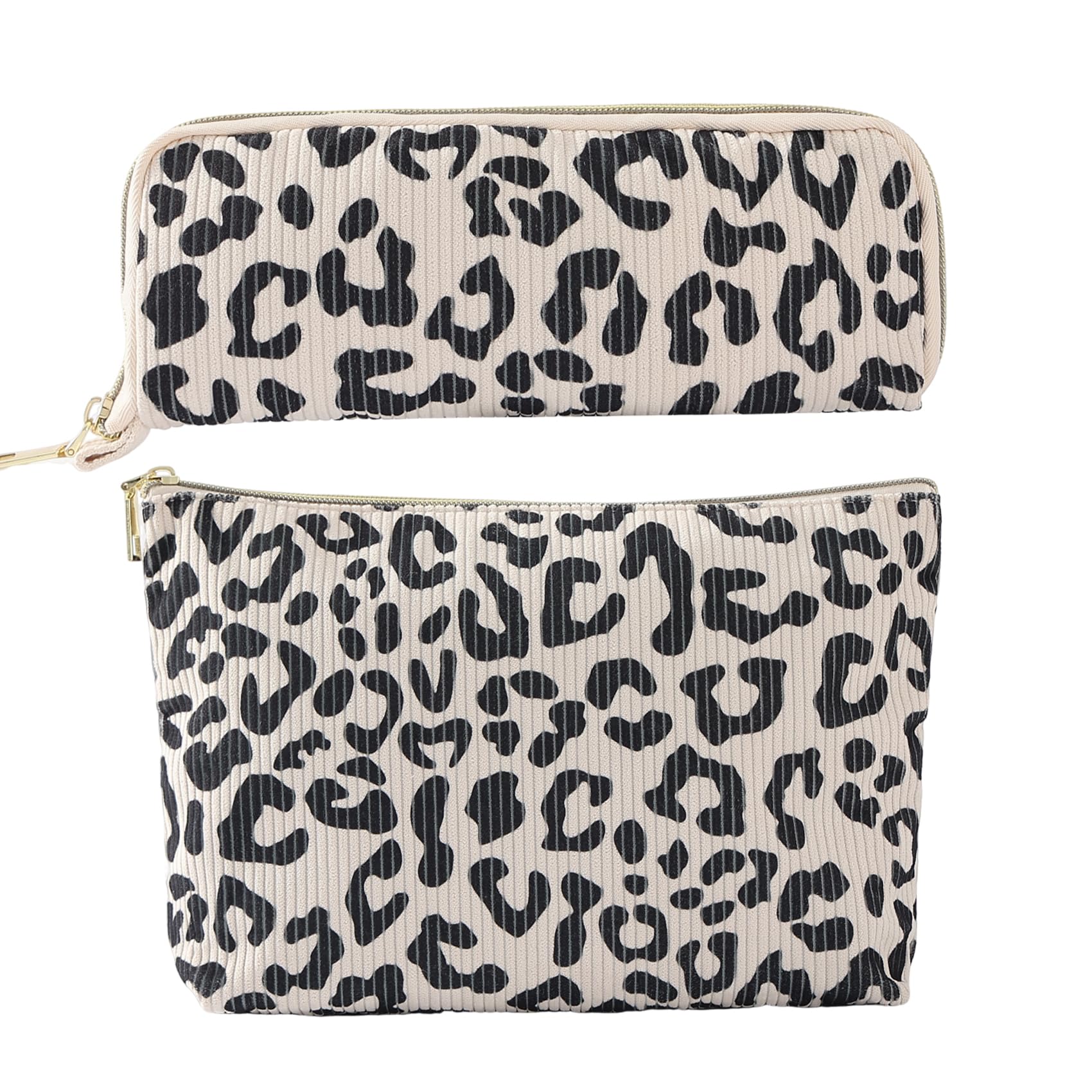 2Pcs Leopard Print Makeup Bag Set - Cute Corduroy Cosmetic Organizer & Travel Toiletry Pouch for Women Girls | Perfect for Travel, School, Gym & Car Essentials Storage | Waterproof Zippered Beauty Accessories (Leopard Pattern)