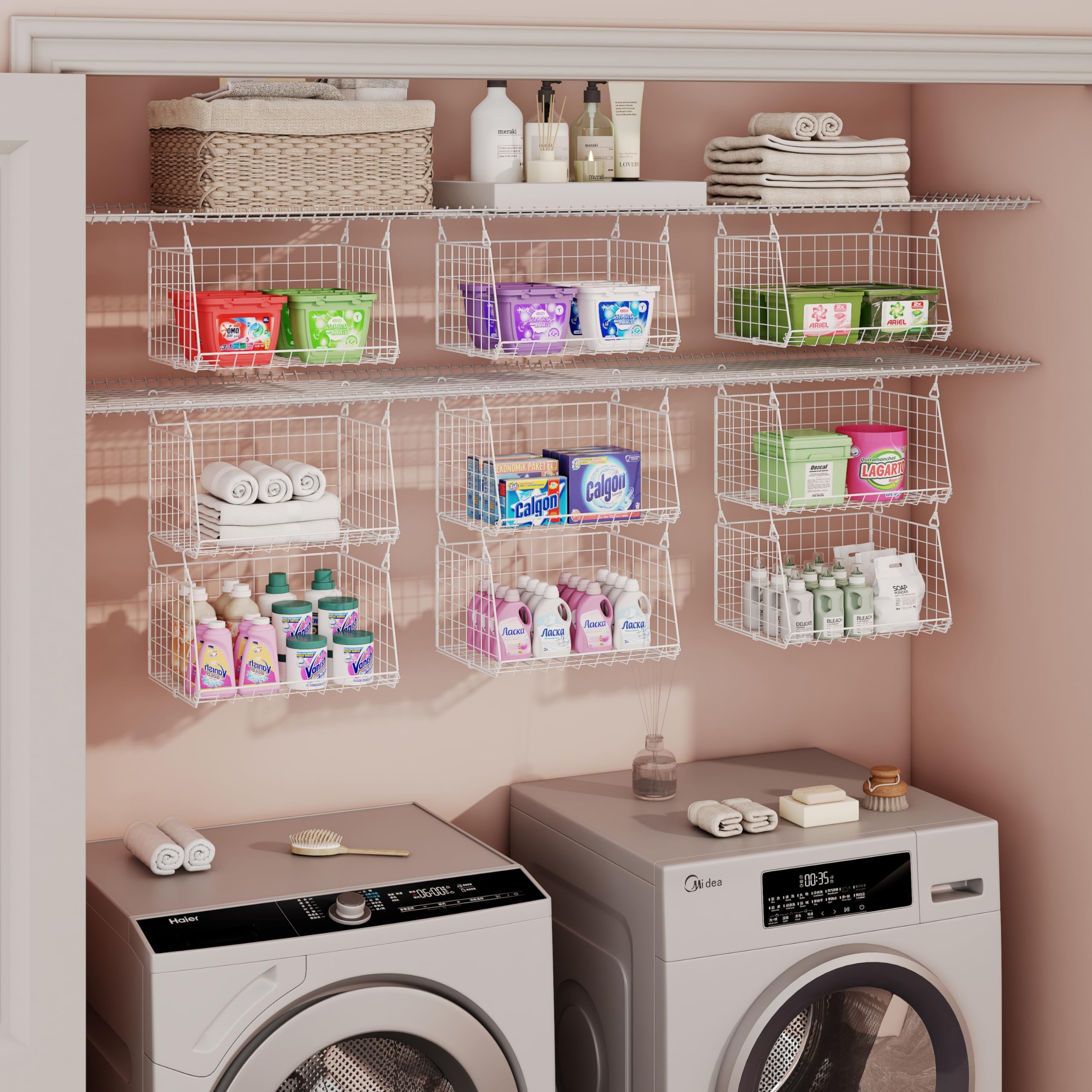 3-Tier Foldable Hanging Laundry Basket Organizer - Space Saving 360° Rotating Hooks for Washer & Dryer - White Wire Shelf Storage Solution for Clothes, Towels & Bedding - Perfect for Small Laundry Rooms & Apartments