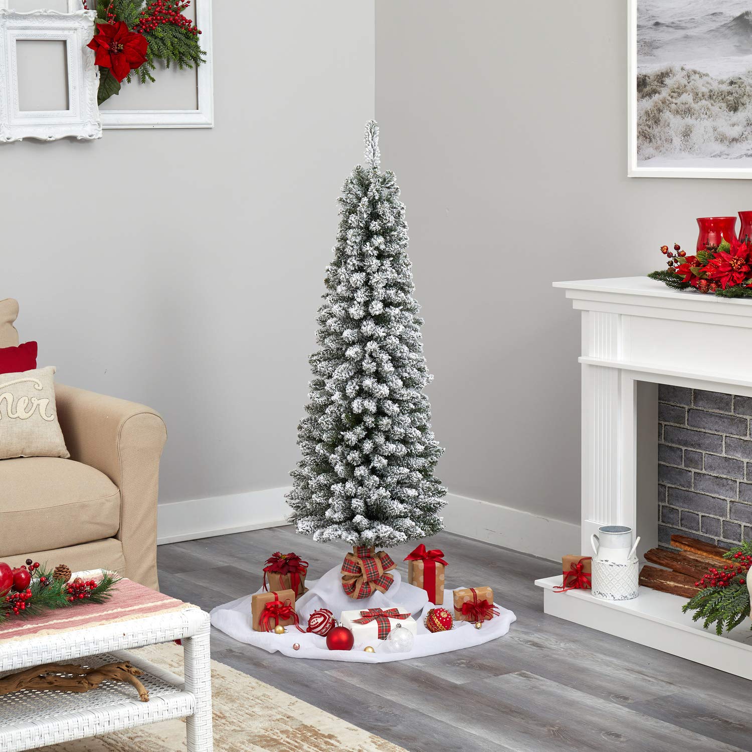 Nearly Natural 5ft Flocked Pencil Artificial Christmas Tree with 200 Clear Lights & 318 Bendable Branches | Slim Holiday Decor for Small Spaces, Apartments & Office Christmas Decorations