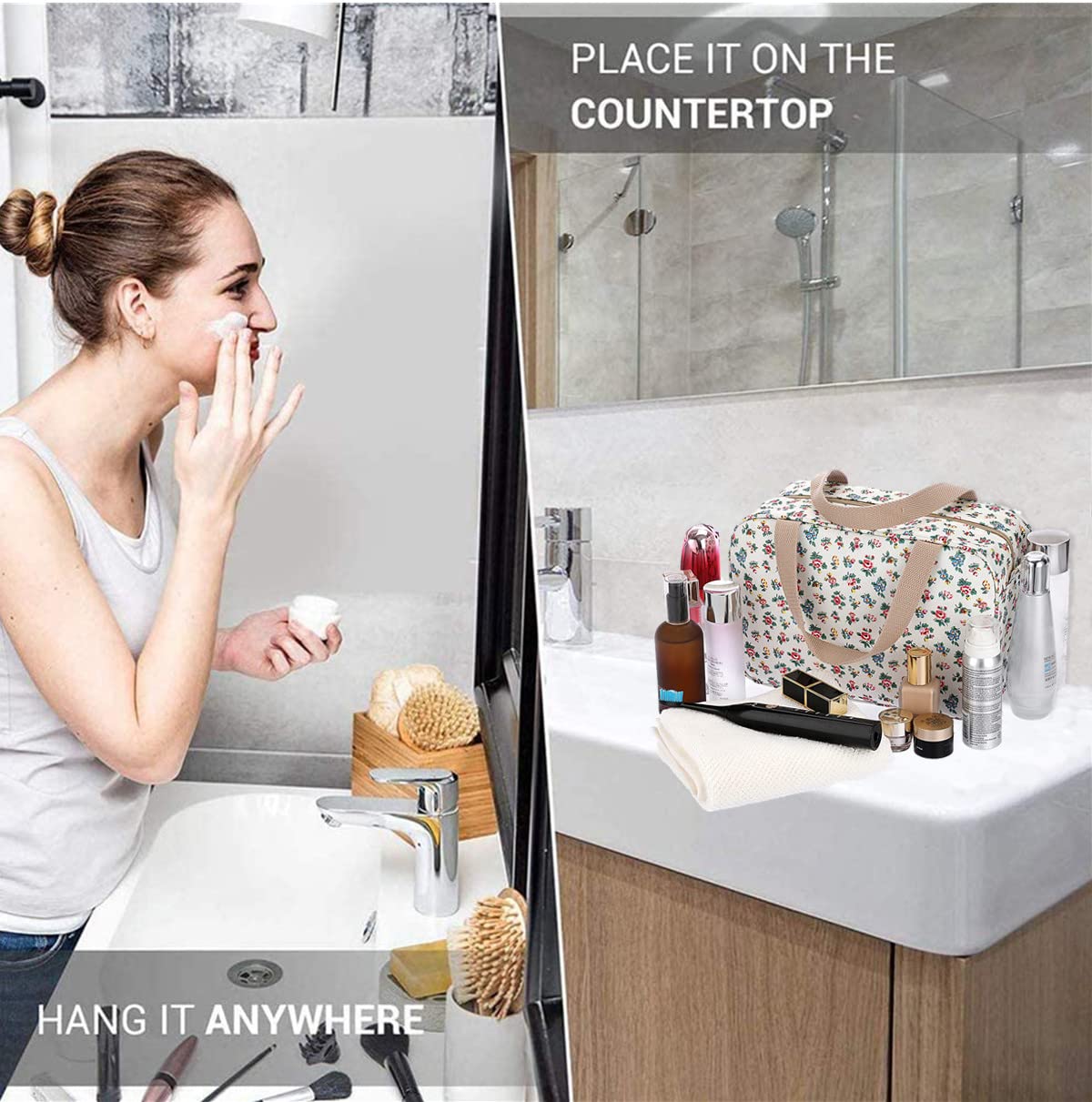 Large Makeup Bag for Women - Travel Cosmetic & Toiletry Organizer (Little Flower Beige) | Perfect for Travel & Daily Use