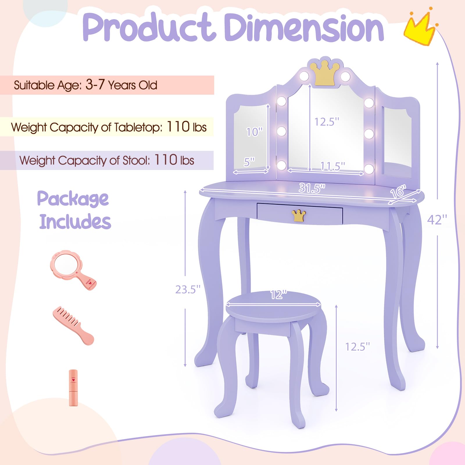 Costzon Kids Vanity Set with LED Lights & Stool - Princess Makeup Dressing Table with Mirror & Drawers for Girls - 2-in-1 Toddler Vanity Play Set (Violet) - Perfect for Pretend Play, Birthday Gifts & Bedroom Decor