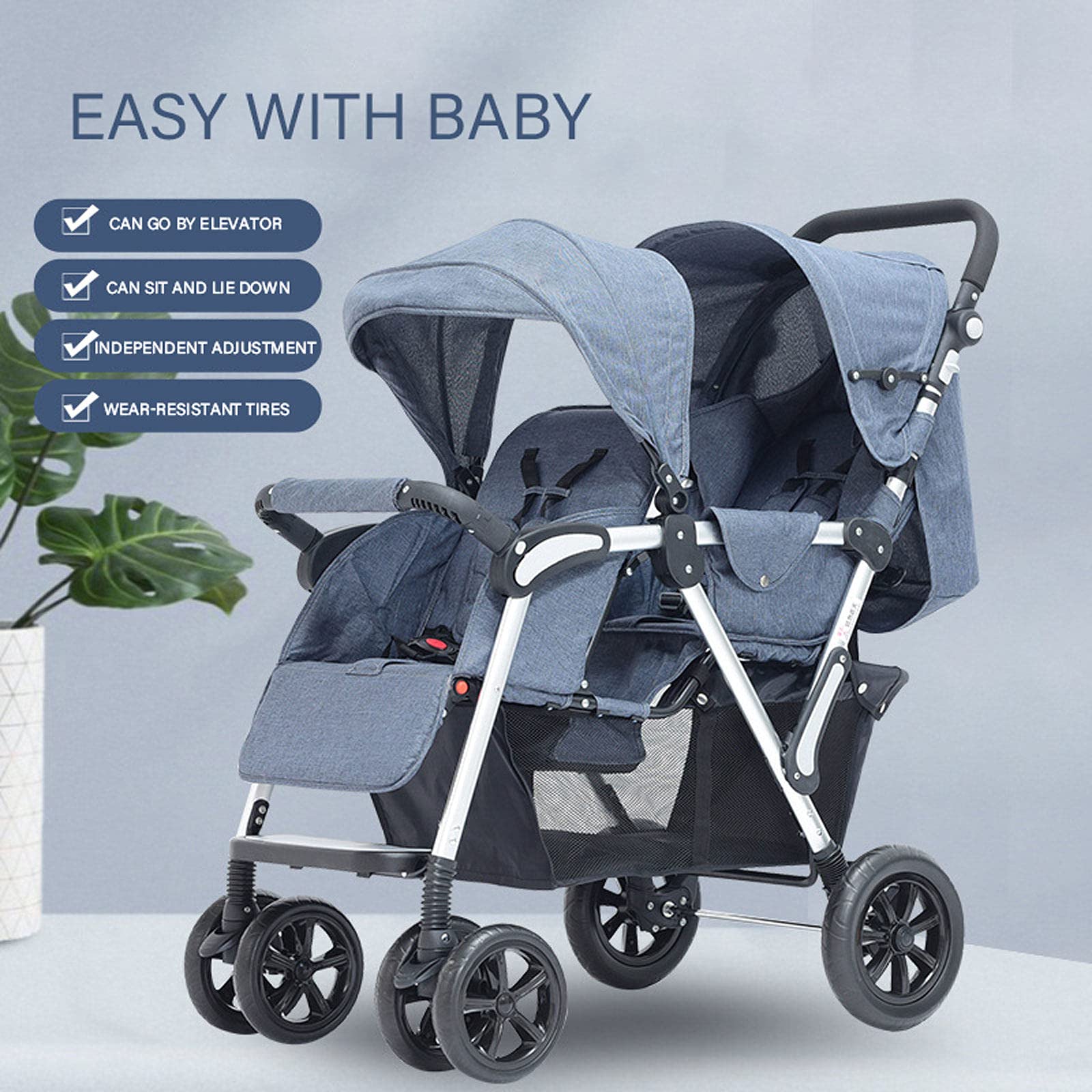 ESSBABY Double Stroller for Twins & Siblings - Lightweight Foldable Tandem Pushchair with Adjustable Height & Sun Canopy | Perfect for Shopping, Travel & Daily Walks