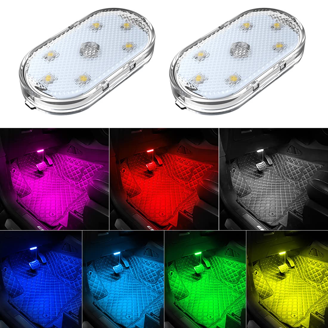 2 Pack USB Rechargeable LED Car Interior Lights - 7 Color Ambient Lighting with Reading Light Function | Portable Multi-Color Mood Lighting for Cars, Trucks, SUVs | Perfect for Night Driving, Road Trips & Interior Decoration