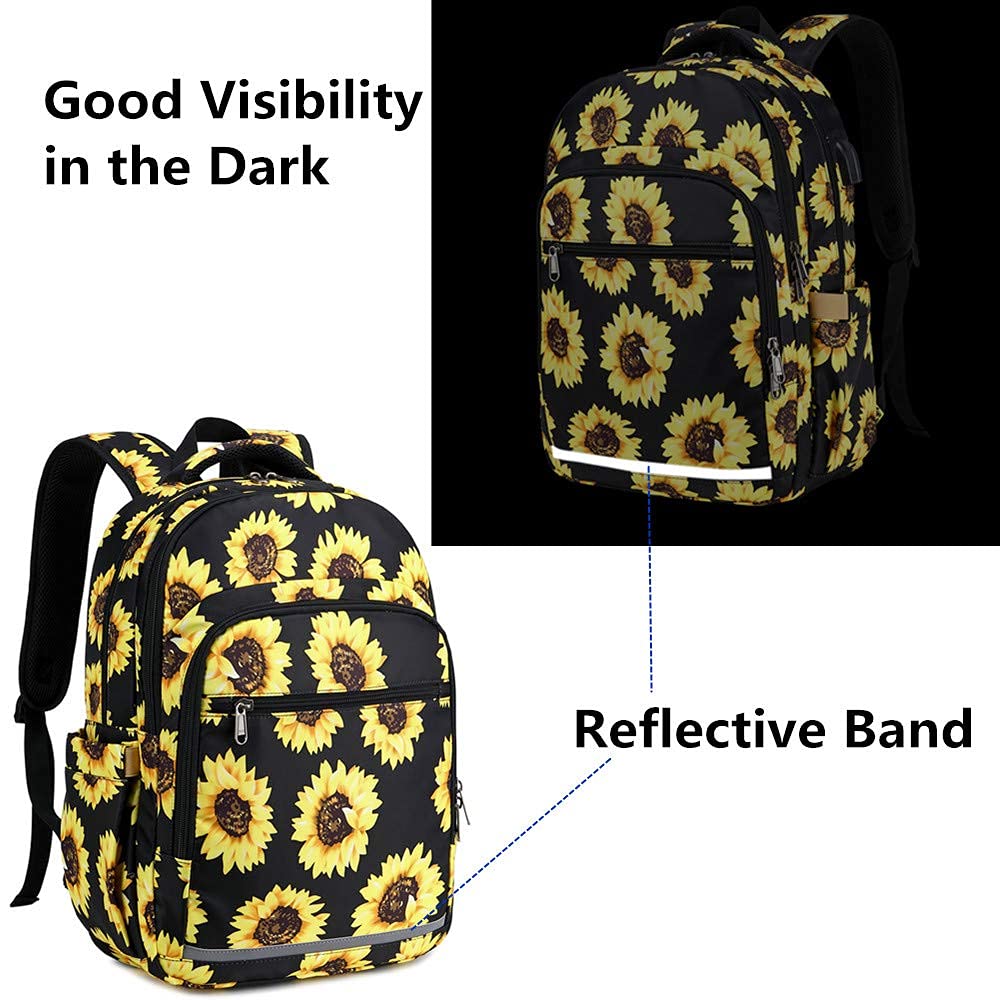 Stylish Floral Backpack for Women - 15.6 Inch Laptop Bookbag with USB Charging Port & Headphone Jack, Waterproof College Backpack for Business Travel, School & Daily Commute | Sunflower Design Daypack for Work & Outdoor Activities
