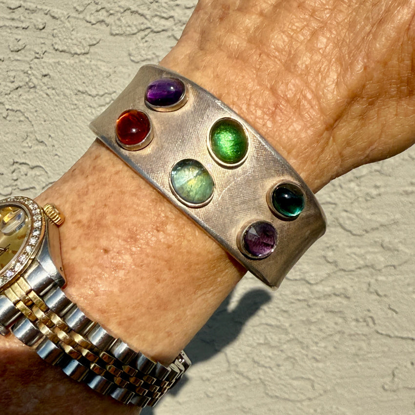 Vintage 935 Sterling Silver & Gemstone Cuff Bracelet for Women - Elegant Handmade Jewelry Gift for Birthday, Anniversary & Special Occasions