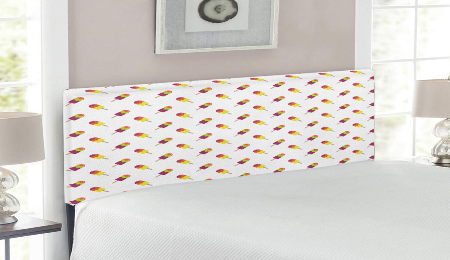 Ambesonne Ice Cream Themed Queen Size Upholstered Headboard - Colorful Summer Snack Design with Memory Foam, Decorative Metal Bed Frame - Perfect for Bedroom Decor & Ice Cream Lovers' Room