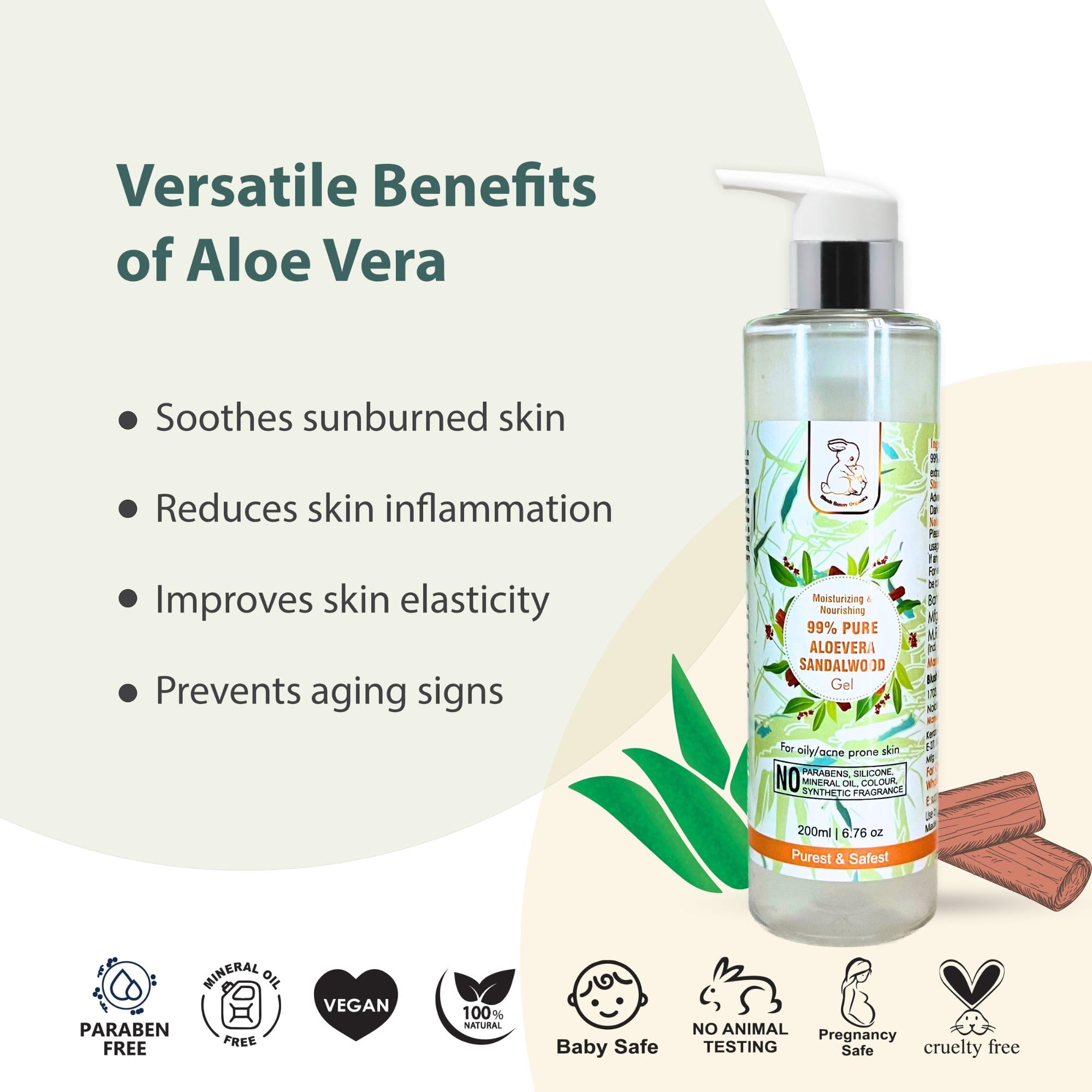 Blush Bunny Organics 99% Pure Aloe Vera & Sandalwood Gel for Oily, Acne-Prone Skin - 200ml (6.76 oz) | Soothing Face Moisturizer for Sensitive Skin, After Sun Care & Daily Hydration