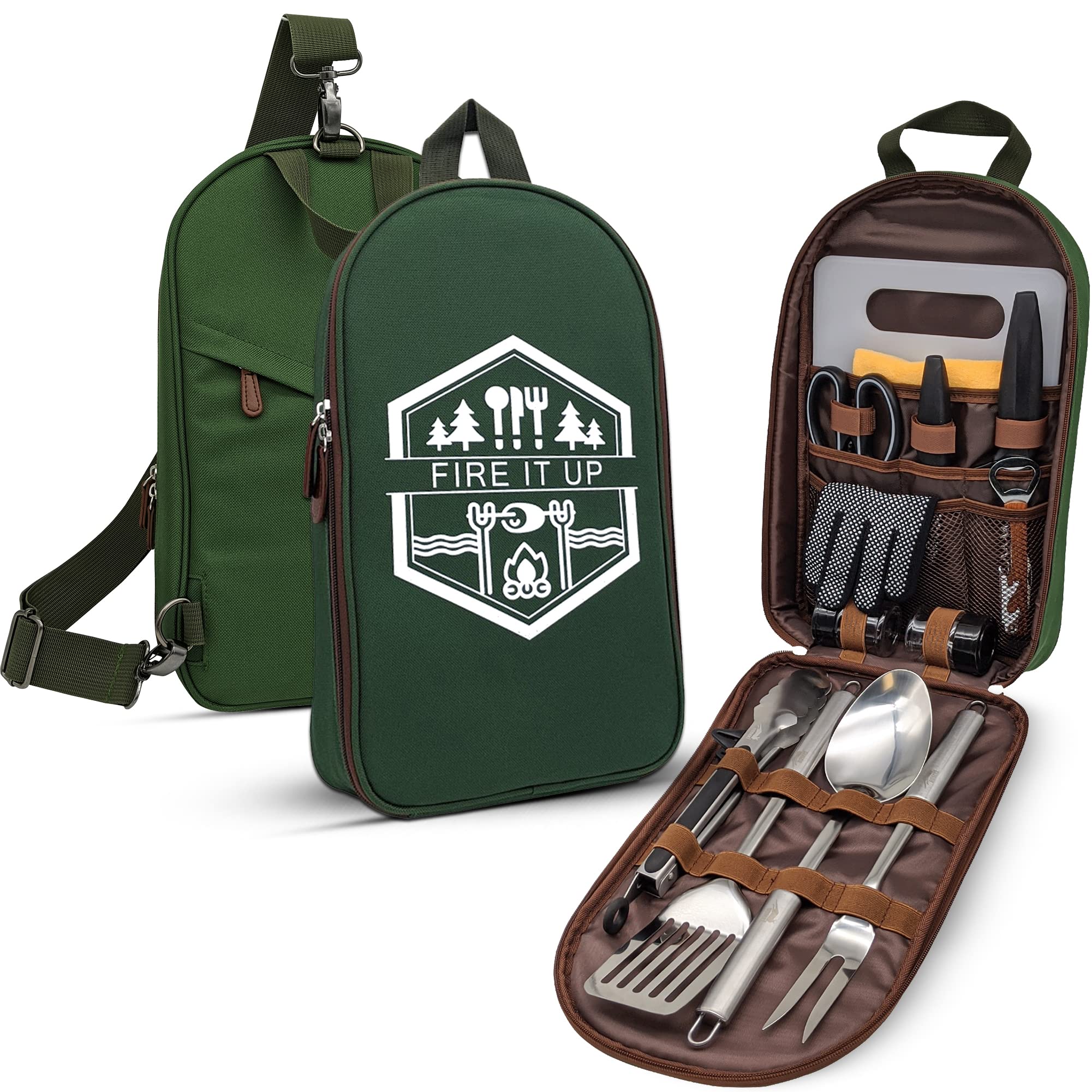 BOMKI 14-Piece Stainless Steel BBQ Grill & Camping Utensil Set with Carrying Case - Outdoor Cooking Tools for Grilling, Picnics, Hiking & Backpacking - Perfect for Campfire Meals, Tailgating & Backyard BBQs