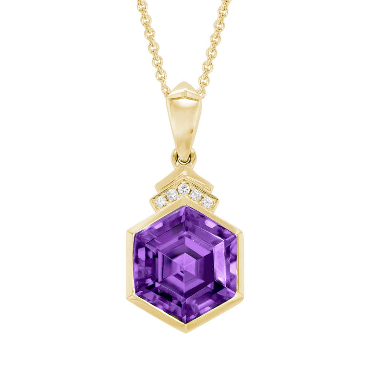 14K Yellow Gold Amethyst and Diamond Drop Necklace for Women | Elegant Dangling Pendant Jewelry Gift for Anniversary, Valentine's Day & Special Occasions