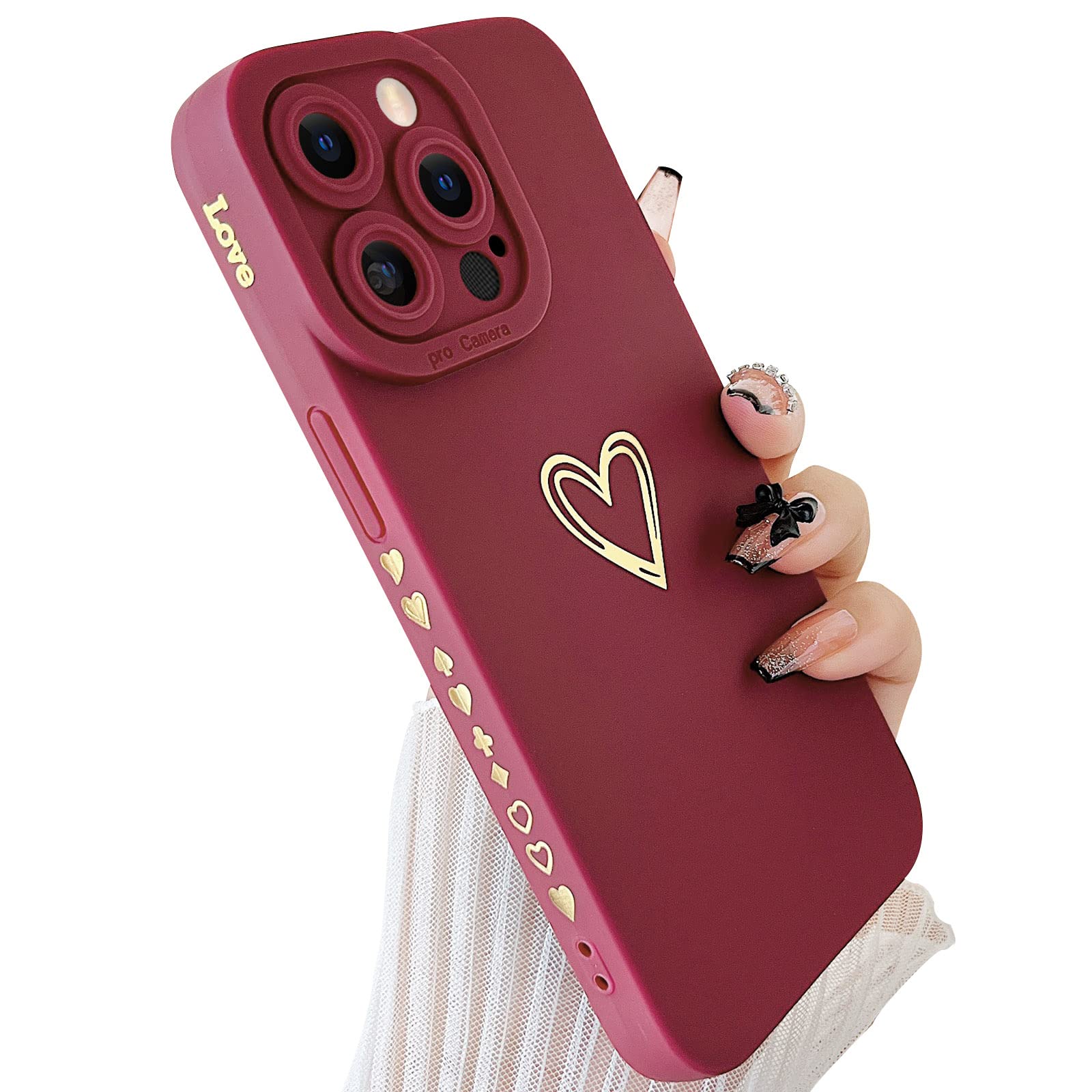 SmoBea iPhone 13 Pro Case - Gold Heart Pattern Soft Liquid Silicone Shockproof Phone Cover for Women & Girls | Cute Plated Heart Design Slim Protective Case (Wine Red) | Perfect for Everyday Use, Gift Giving & Fashion Protection