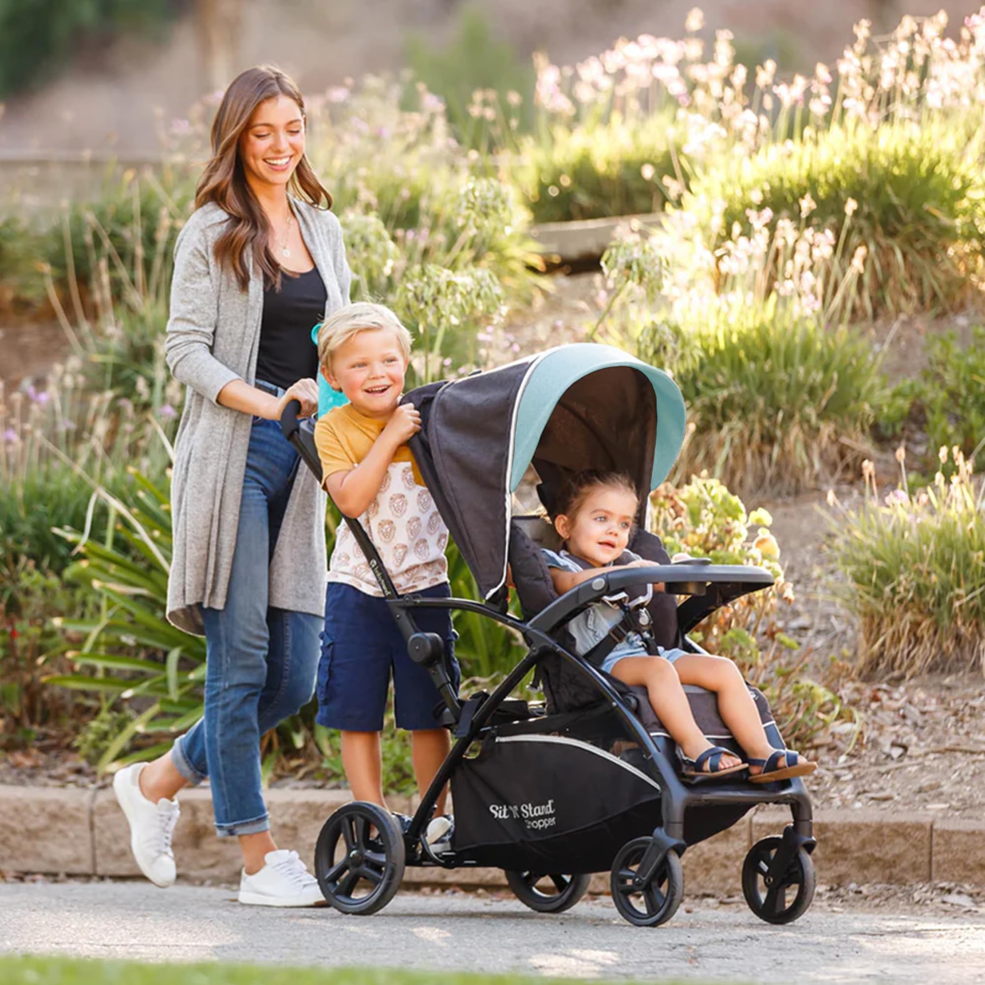 Baby Trend Sit N’ Stand® 5-in-1 Shopper Plus Stroller - Lightweight Convertible Double Stroller with Adjustable Seat & Canopy, Blue Mist | Perfect for Twins, Siblings & Shopping Trips