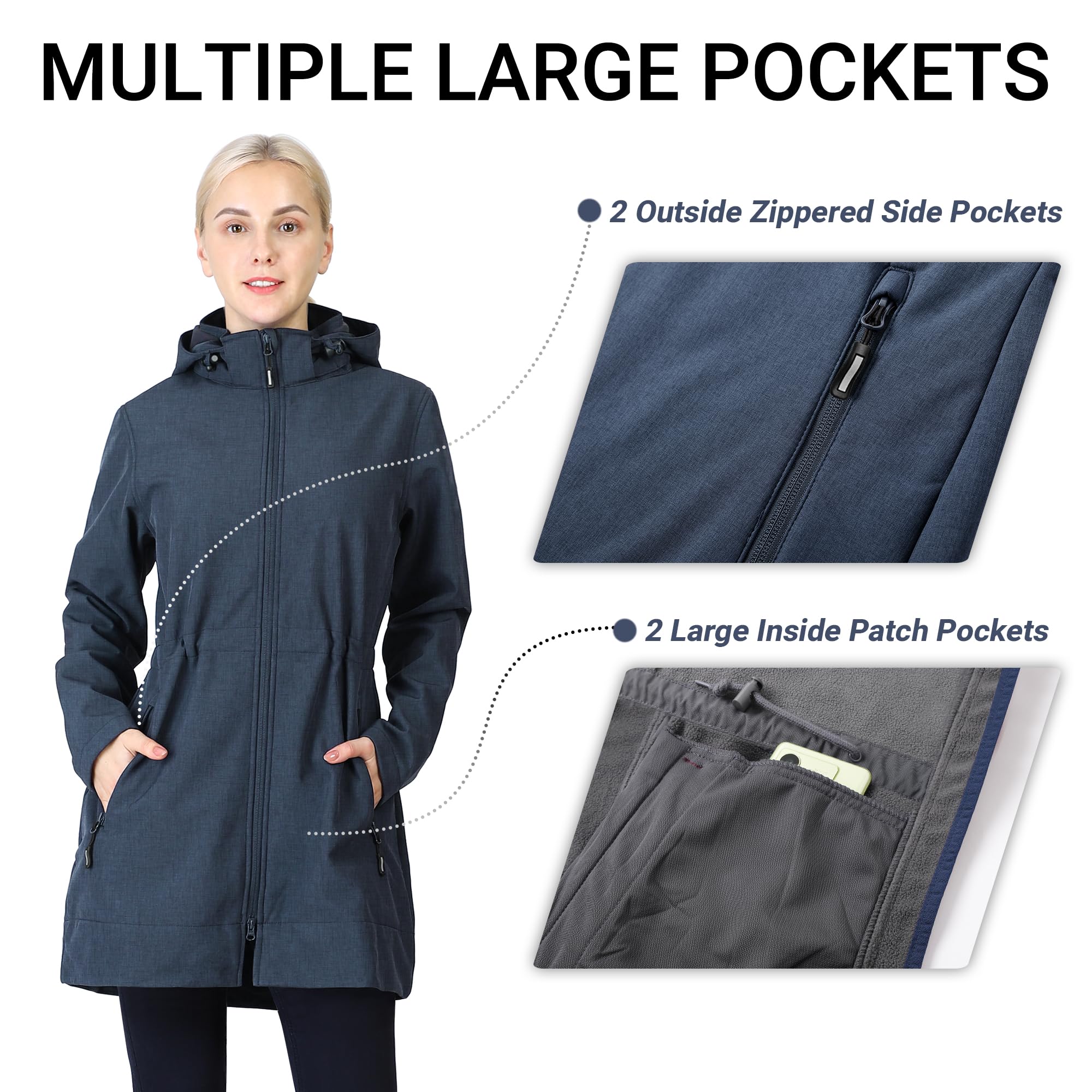Outdoor Ventures Women's Softshell Jacket - Removable Hood, Fleece Lined Windbreaker, Insulated Long Rain Jacket for Hiking, Camping & Winter Outdoor Activities