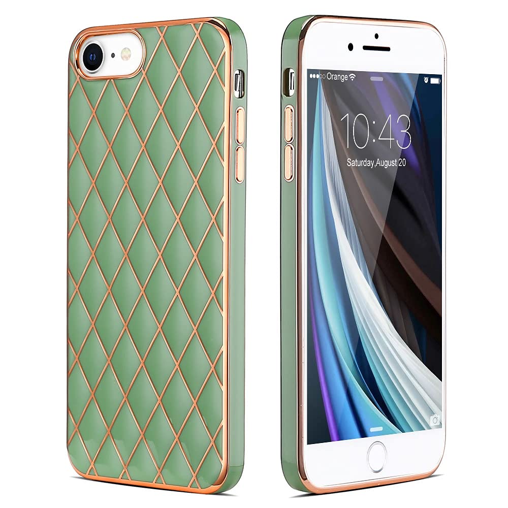 Lafunda Glitter Cute iPhone SE 2022/2020/8/7 Case for Women - Gold Lattice Pattern Soft TPU Shockproof Protective Bumper (Green) | Perfect Gift for Girls, Daily Use & Party Accessory