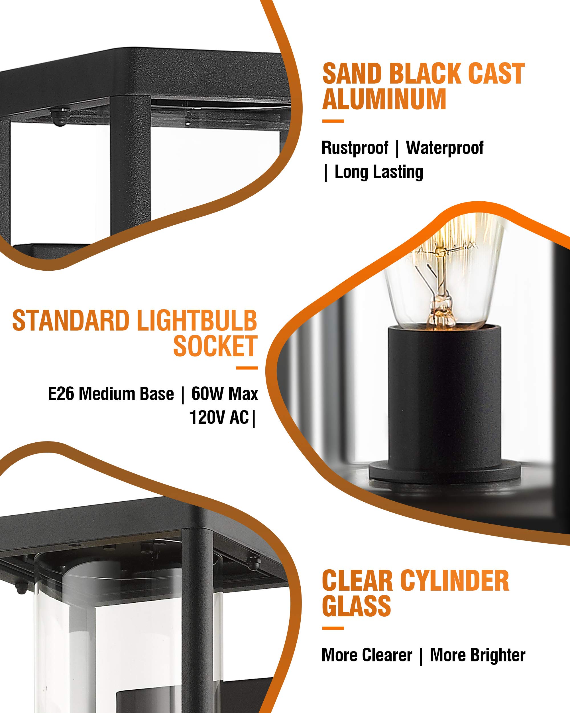 Beionxii Outdoor Wall Lights - Dusk to Dawn Sensor, Modern Exterior Wall Sconces for Porch & Patio, Black Cast Aluminum with Clear Cylinder Glass (2-Pack) - Perfect for Entryway, Garden & Backyard Lighting
