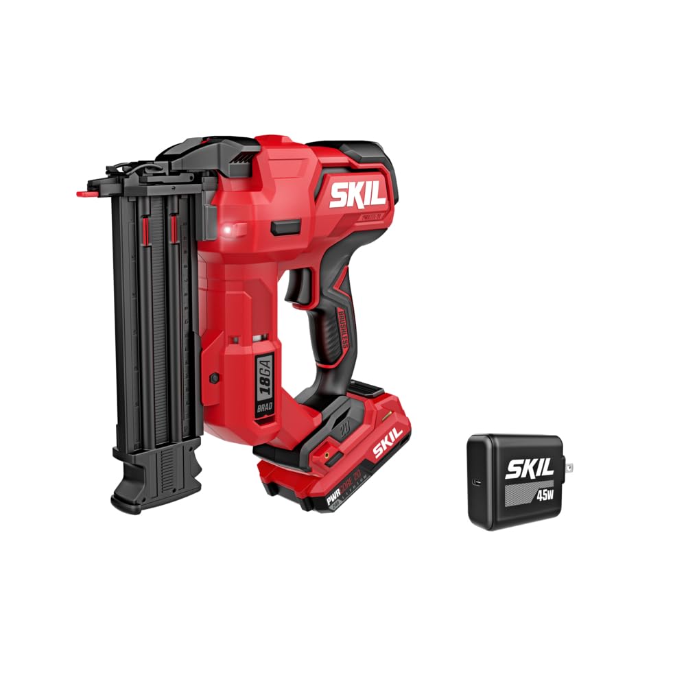 SKIL PWR CORE 20 Brushless 20V 18 Gauge Brad Nailer Kit with 2.0Ah USB-C Battery & Charger - Cordless Nail Gun for Woodworking, Carpentry, and DIY Home Projects - NA1800B-10
