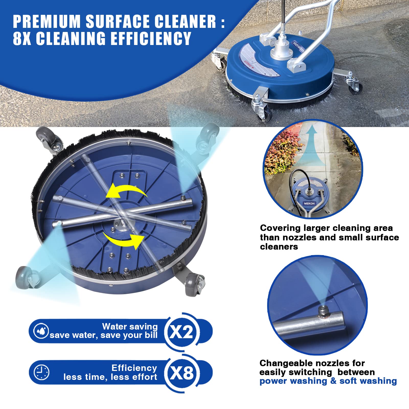 20'' Pressure Washer Surface Cleaner Attachment - 4500PSI Power Washer Accessory with Wheels for Driveway, Sidewalk, Deck & Patio Cleaning - 3/8'' Quick Connect - Ideal for Home Exterior, Concrete & Wood Surface Cleaning