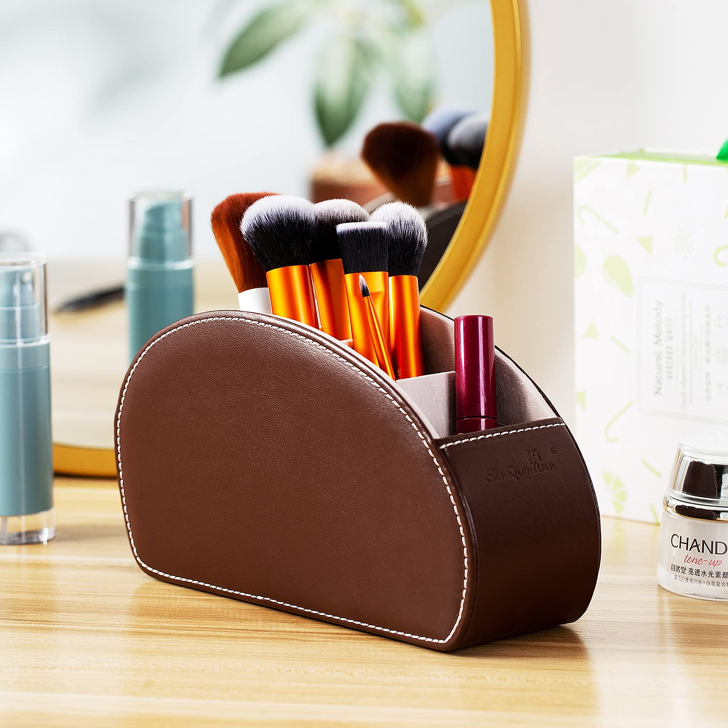 PU Leather Remote Control Holder with 5 Compartments - Organizer Box for Table, Bed & Office - Desktop Storage Caddy for TV Remotes, Media Players, Makeup Brushes & Pens (Brown) - Perfect for Living Room, Bedroom & Home Office Organization