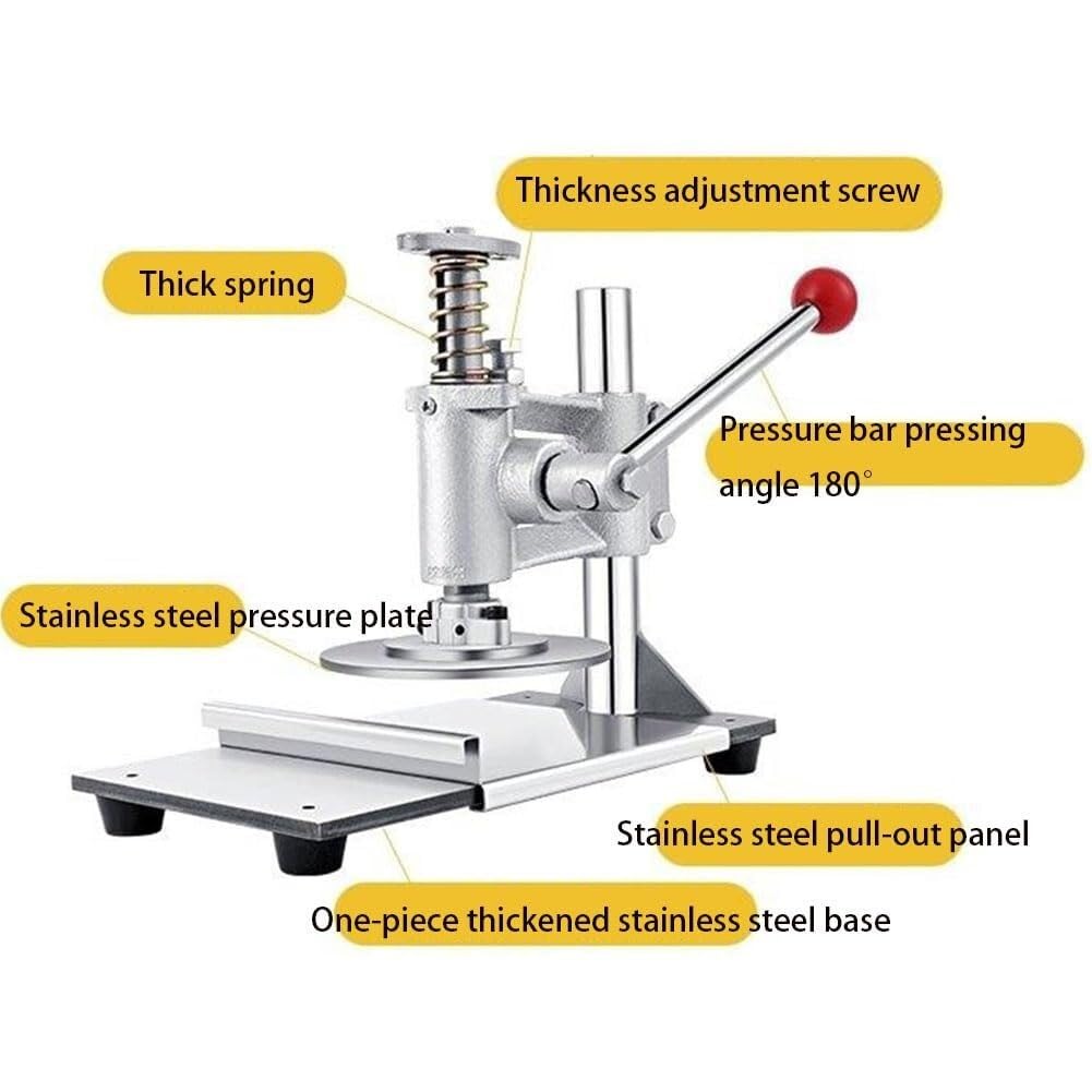 Commercial Stainless Steel Pizza Dough Press Machine - Adjustable Thickness Manual Dough Press with Pull-Out Tray for Pizza, Tortilla, Pastry (16cm) - Perfect for Pizzerias, Bakeries & Home Kitchens