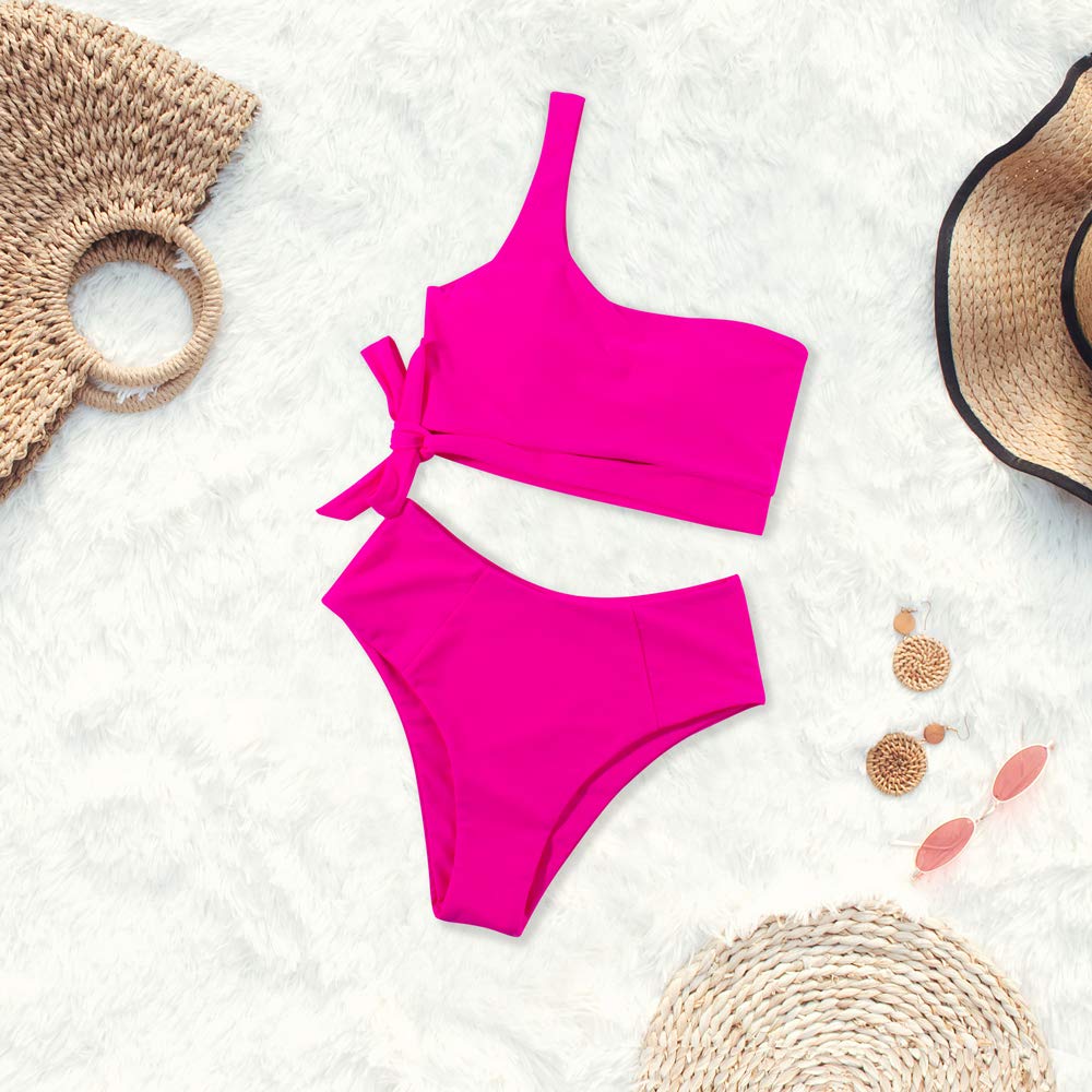 MOOSLOVER Women's Sexy One Shoulder High Waisted Bikini Set - Tie Side High Cut Two Piece Swimwear for Beach, Pool Party & Vacation
