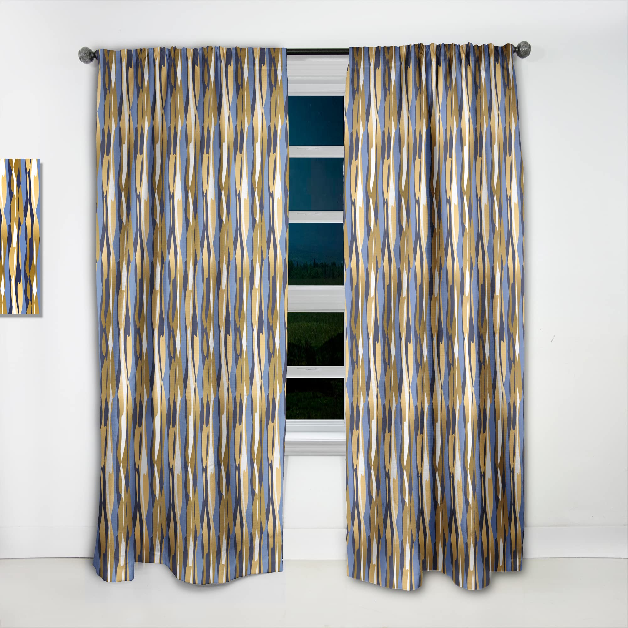 Retro Luxury Wave Pattern Thermal Insulated Curtains - Gold & Blue Single Panel (52x63 inches) for Bedroom & Living Room - Elegant Home Decor & Light Blocking Drapes