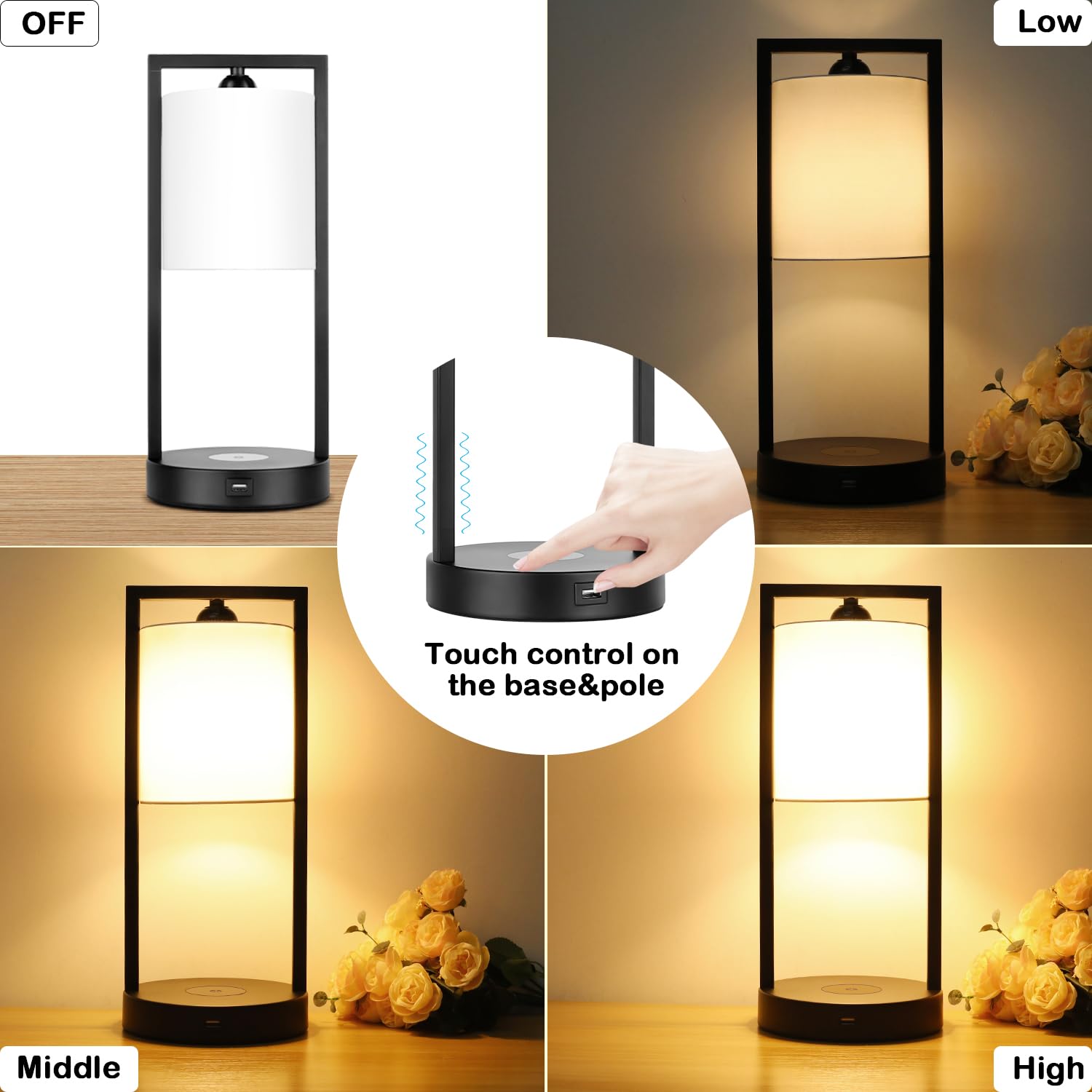 TOBUSA Wireless Charging Touch Control Table Lamps - Set of 2, Modern Dimmable Bedside Nightstand Lamps with White Fabric Shade, E26 Bulbs Included - Perfect for Bedroom, Living Room & Office (Warm White Lighting, Convenient Phone Charging)