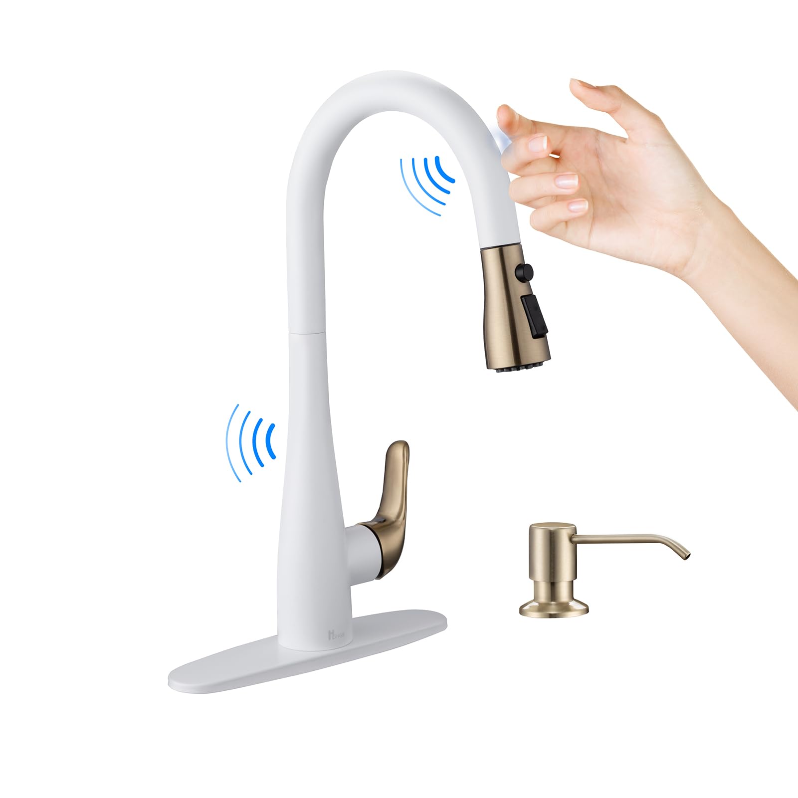 Premium Single Handle Pull Down Kitchen Faucet with Soap Dispenser - Touch On/Off, 1 or 3 Hole Installation, Modern Farmhouse & RV Sink Faucet in White & Gold Finish - Perfect for Cooking, Washing Dishes & Bar Prep
