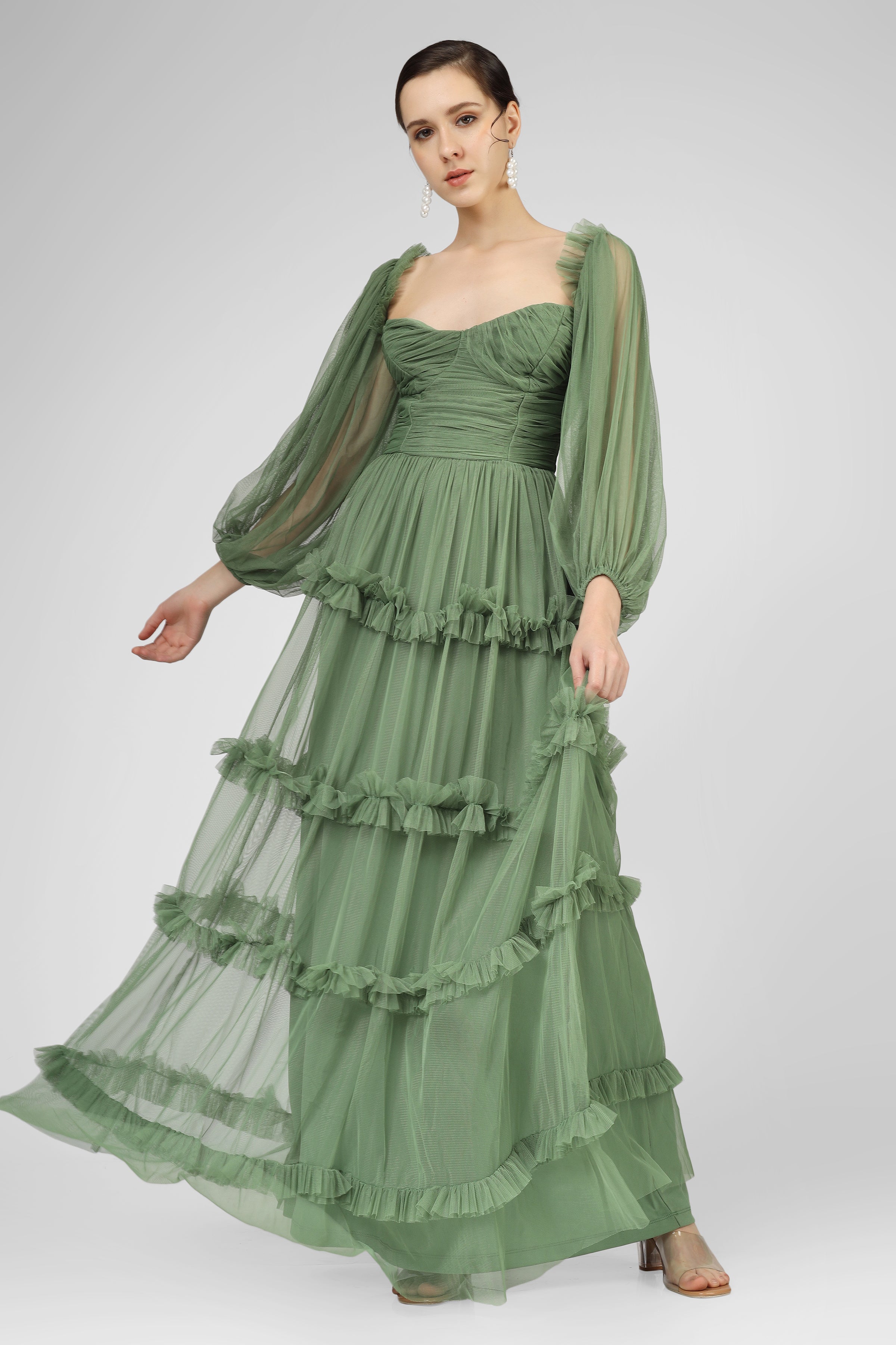Rendi Olive Green Tulle Dress for Women - Elegant A-Line Party Gown with Flowy Skirt | Perfect for Weddings, Prom, Evening Events & Special Occasions