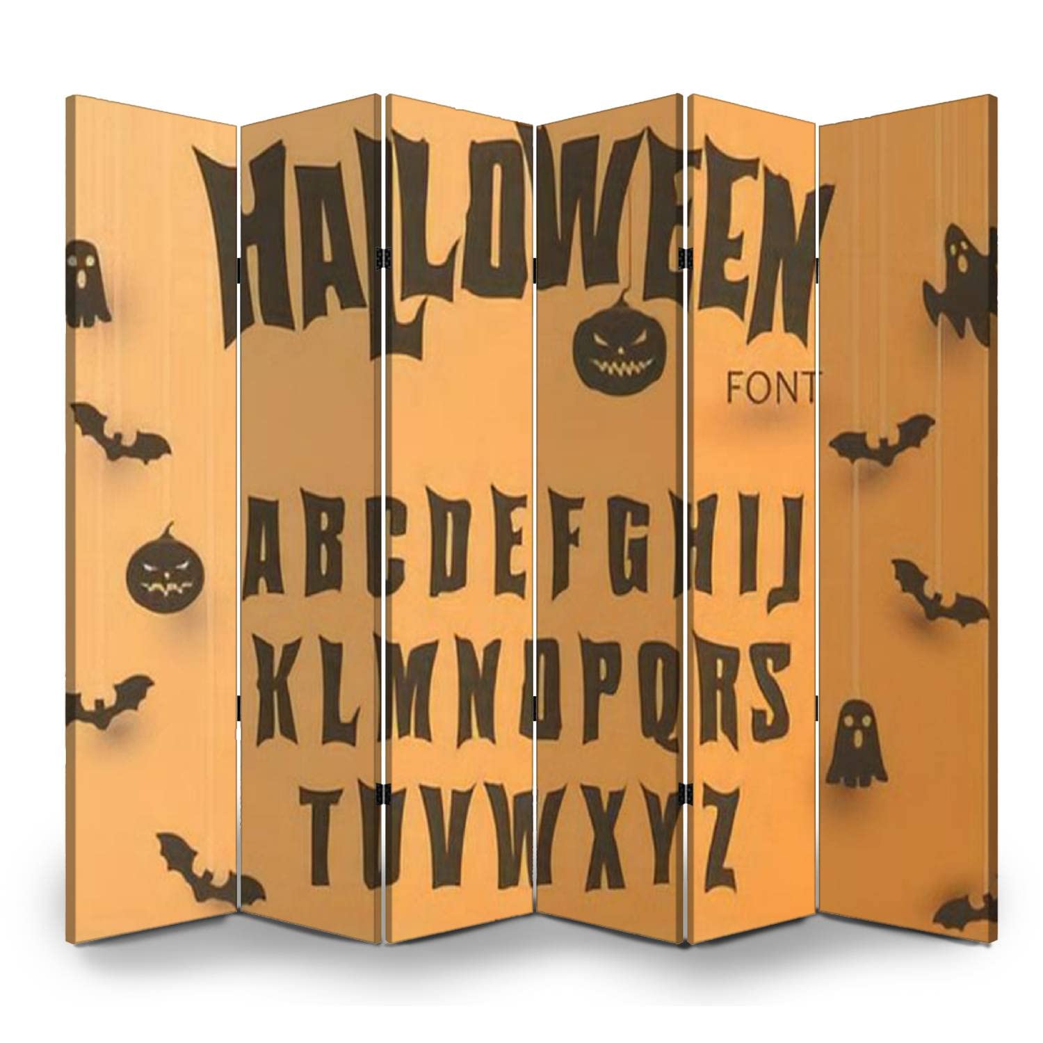6 Panel Folding Privacy Screen - Halloween Font Decorative Canvas Room Divider for Office, Home & Bathroom | Scary Creepy Alphabet Design | Space Partition for Workspace, Living Room & Dressing Area