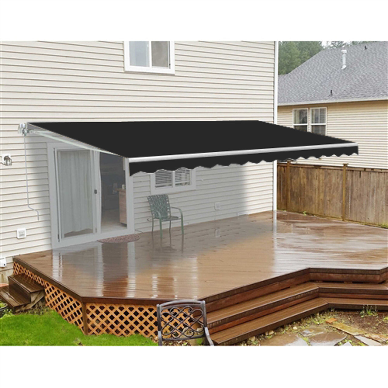Aleko 13x10 Feet Motorized Retractable White Frame Patio Awning - Black - Perfect for Outdoor Shade & Backyard Relaxation
