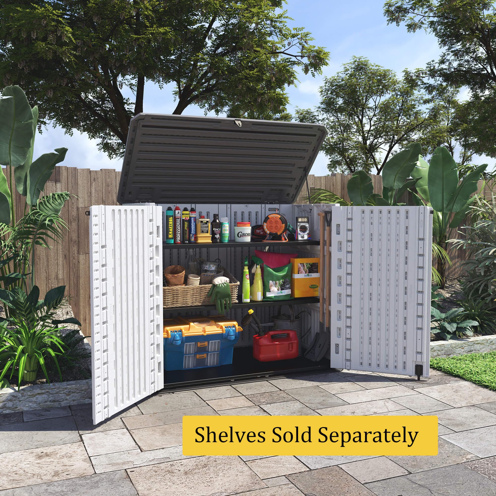 HOMSPARK 26 cu ft Weatherproof Outdoor Storage Shed - Water Resistant Multi-Purpose Cabinet for Bikes, Garbage Cans, Lawn Mowers & Garden Tools (Off-White) | Perfect for Backyard, Patio & Garage Organization