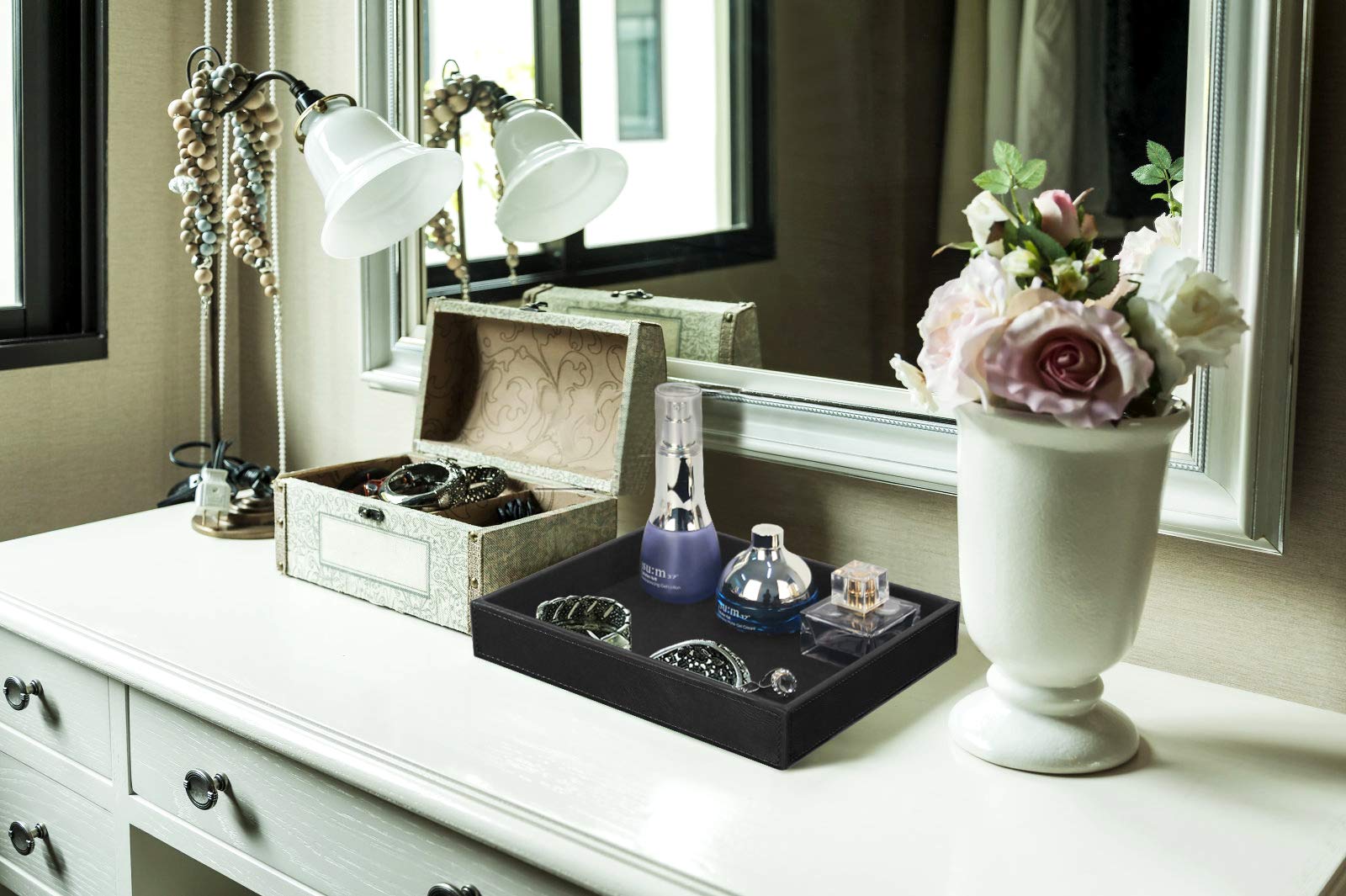 HofferRuffer Faux Leather Vanity Tray - Elegant Desktop & Dresser Organizer for Jewelry, Perfume & Essentials - Decorative Catchall Tray for Bathroom, Nightstand or Makeup Table - Black, 10.2 x 8.4 x 1.8 Inches - Perfect for Home Decor & Gift Giving