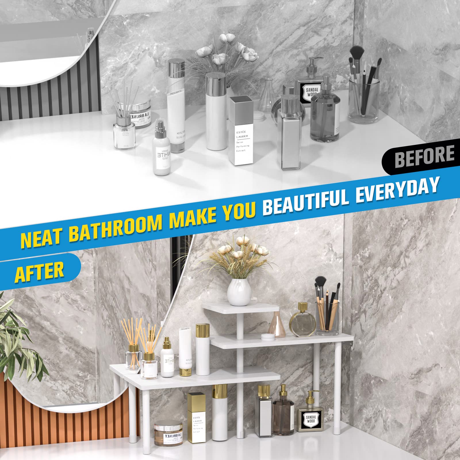 JayRex 3-Tier Bathroom Organizer Shelf - Adjustable Corner Countertop Storage for Makeup, Cosmetics, Skincare | Perfect for Vanity, Dresser, Bedroom & Bathroom Organization (White)