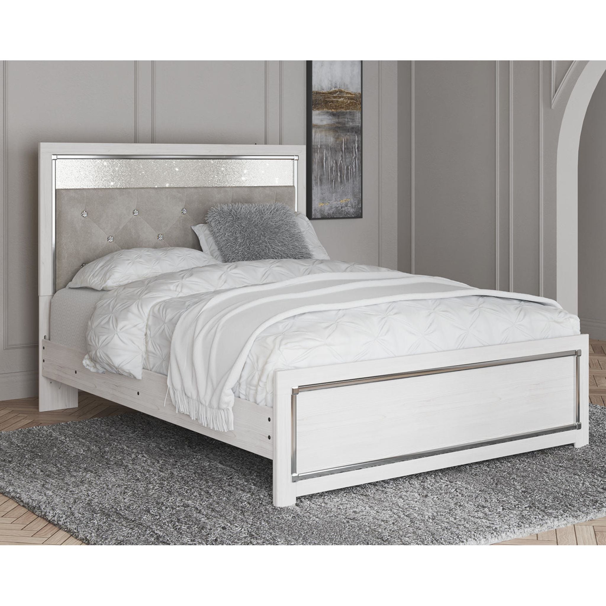 Altyra White Panel Bed Frame - Queen Size, Modern Platform Bed with Upholstered Headboard for Bedroom Decor