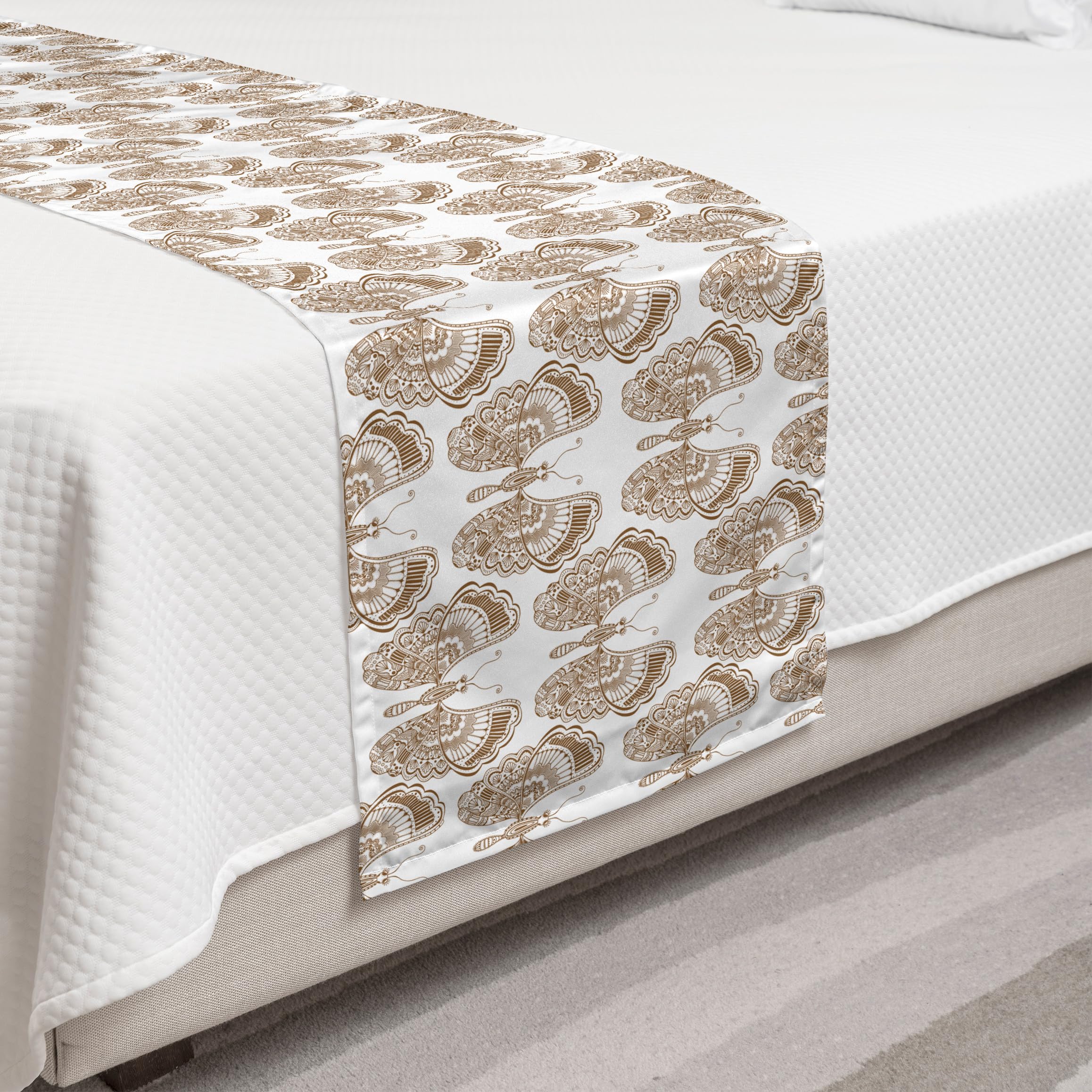 Ambesonne Brown Paisley Bed Runner - Zentangle Inspired Bohemian Bed Scarf with Butterfly Pattern in Caramel & White | Decorative Accent for Hotels, Homes & Guest Rooms | Perfect for Bedroom Decor, Wedding Gift or Airbnb Styling