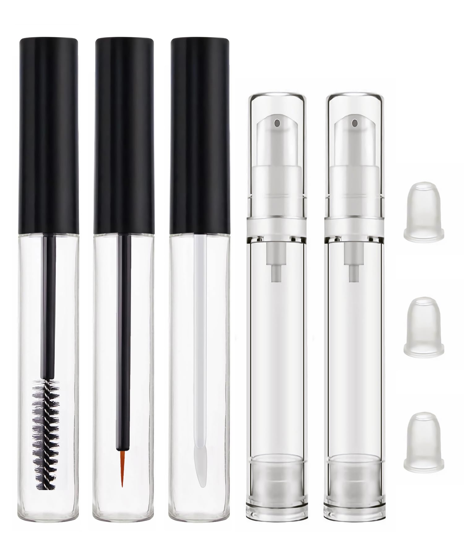3 Pack 10ml Clear Mascara Tubes with Wands + 2 Pack 10ml Airless Pump Bottles | Empty Eyeliner & Lip Gloss Containers with Leak-Proof Stoppers | Premium Refillable Cosmetic Bottles for DIY Beauty, Travel & Professional Makeup Kits