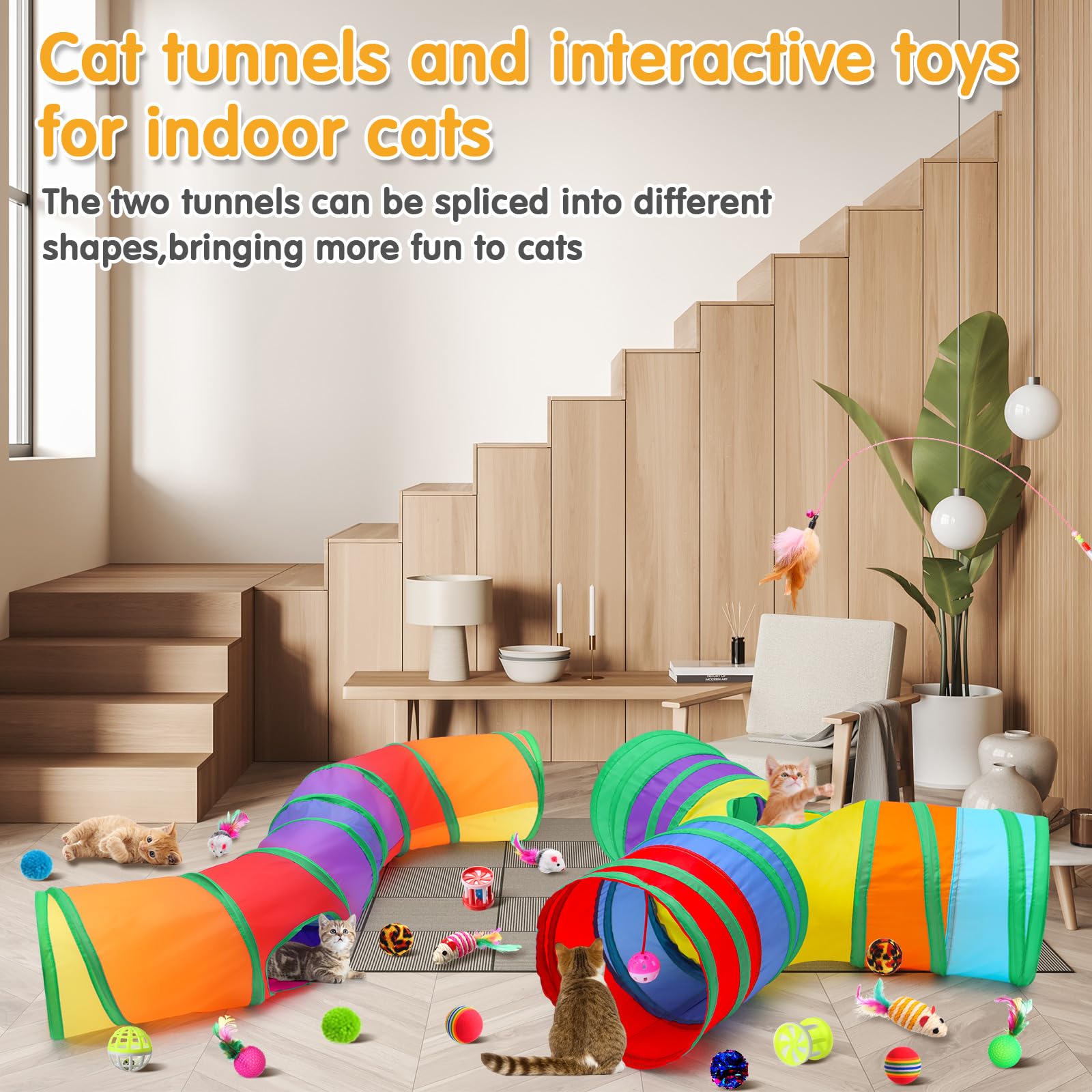 22-Piece Cat Kitten Toys Set with 2 Collapsible Cat Tunnels & 20 Interactive Toys - Feather Wands, Fluffy Mice, Crinkle Balls - Fun Playtime for Kittens & Puppies (Multicolor) | Perfect for Indoor Play, Exercise & Bonding with Your Pets