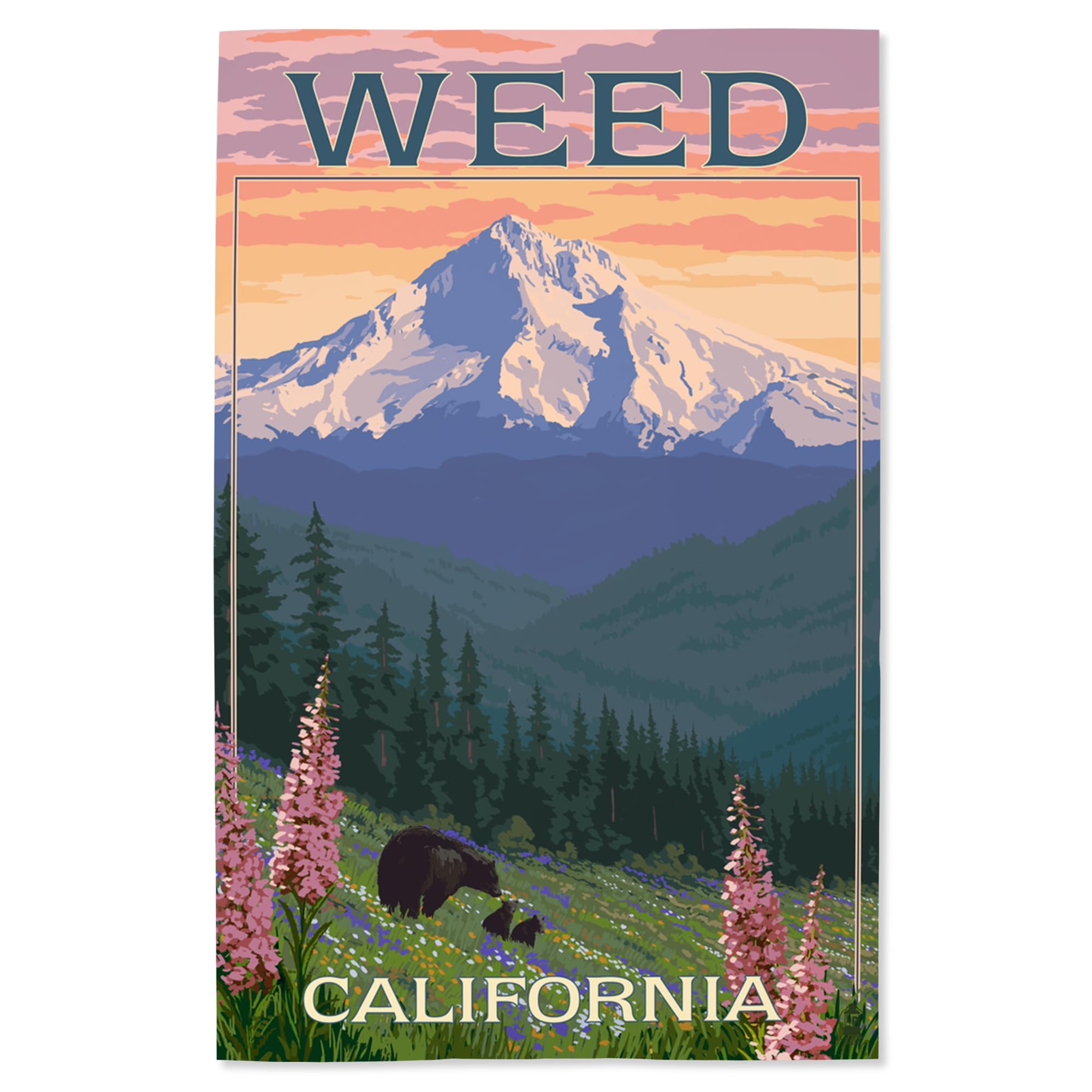 Lantern Press 16x24 Inch Giclee Art Print - Weed California Landscape with Bear and Spring Flowers - Wall Decor for Living Room, Bedroom & Office