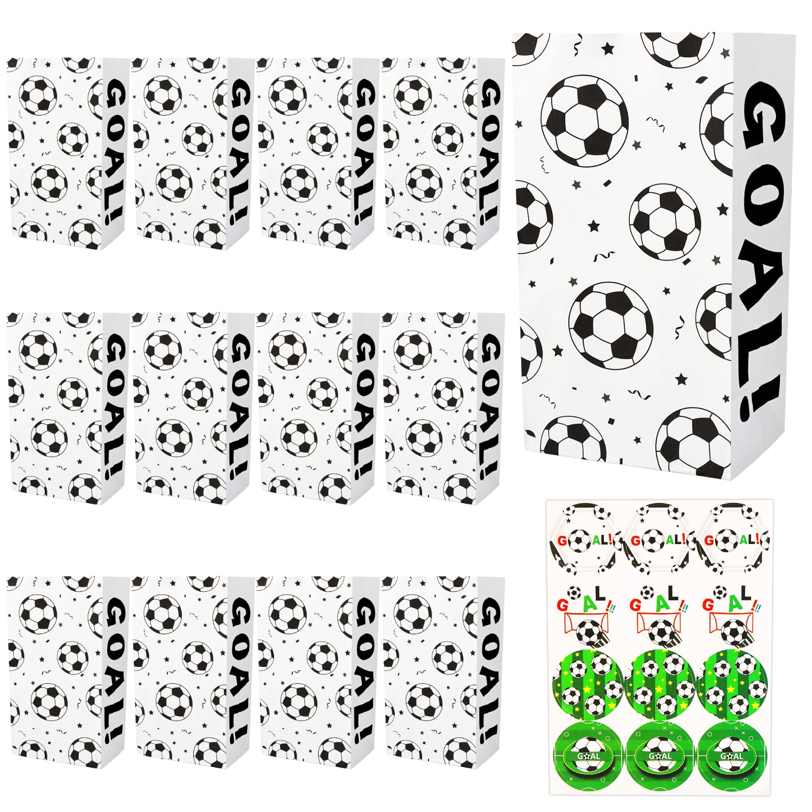 BLMHTWO 12 Pack Soccer Themed Paper Snack Bags with Stickers - Perfect for Kids Birthday Parties, Team Treats & Soccer Game Snacks | Party Favors & Gift Bags for Sports Events