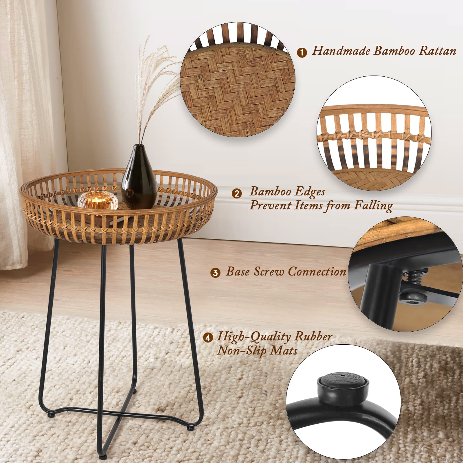 Oakrain Rattan Side Table Set of 2 - Bamboo Coffee Tables with Metal Base, 18.11