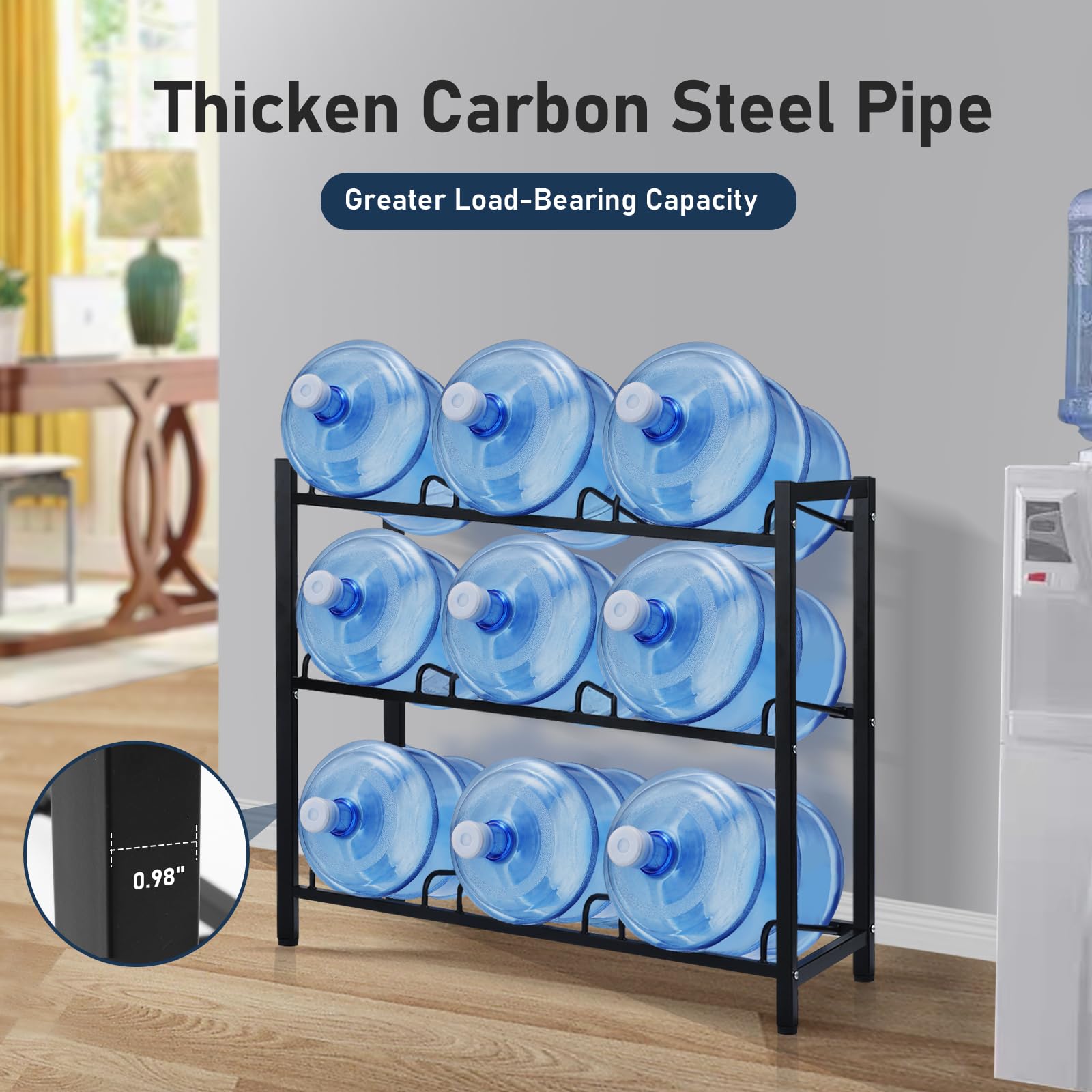 9-Tray Heavy Duty Carbon Steel Water Jug Rack - 5 Gallon Water Cooler Bottle Holder Stand for Home, Office & Warehouse | Space-Saving 3-Tier Organizer for Kitchen, Pantry & Utility Rooms (Black)