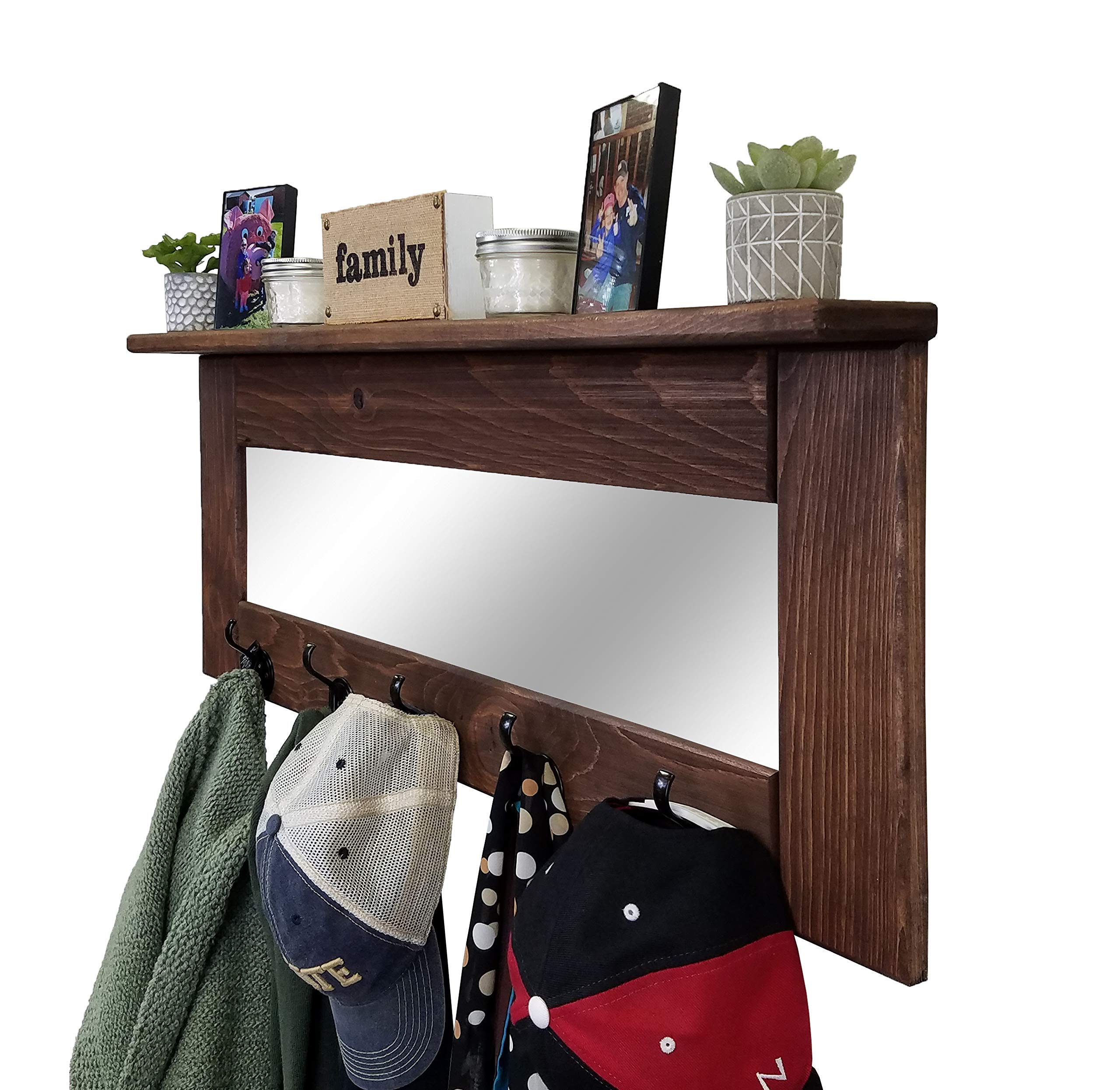 Rustic Oxford Farmhouse Wall Hook Coat Rack with Mirror & Shelf - 20 Colors Including Special Walnut | Perfect for Entryway, Bedroom, Bathroom & Mudroom Organization