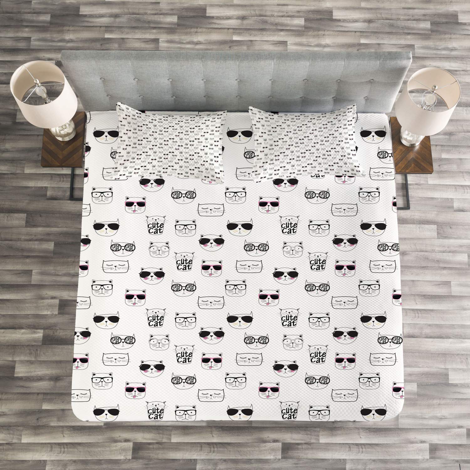 Ambesonne Cat Bedspread Set - King Size 3-Piece Bedding with Cool Hipster Cat Portraits, Sunglasses & Funny Doodle Designs in Black White Pink | Includes Coverlet & 2 Pillow Shams | Perfect for Cat Lovers' Bedroom Decor, Guest Rooms or Funny Gift Idea