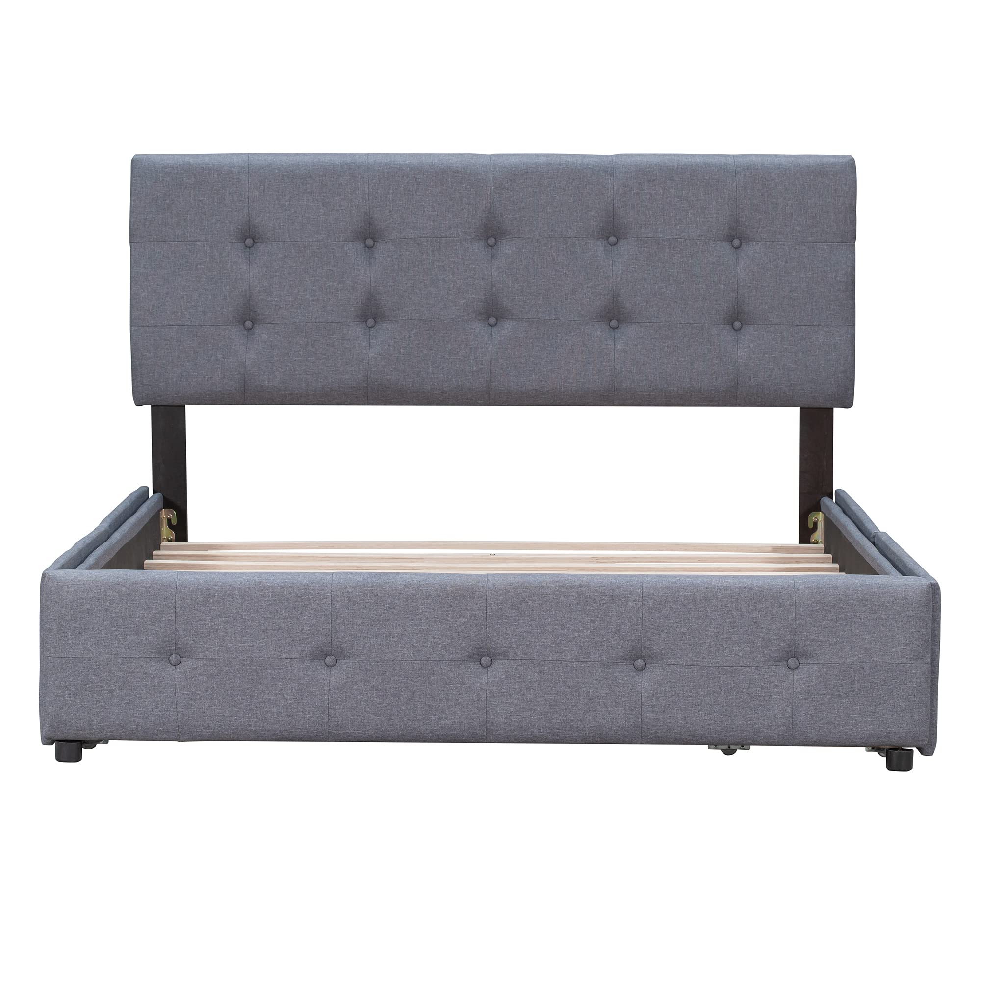 **MERITLINE Queen Size Bed Frame with Storage Drawers - Upholstered Platform Bed with Tufted Headboard, 4 Drawers, Linen Fabric, No Box Spring Needed (Dark Gray, Queen) - Perfect for Small Bedrooms, Guest Rooms & Modern Apartments**