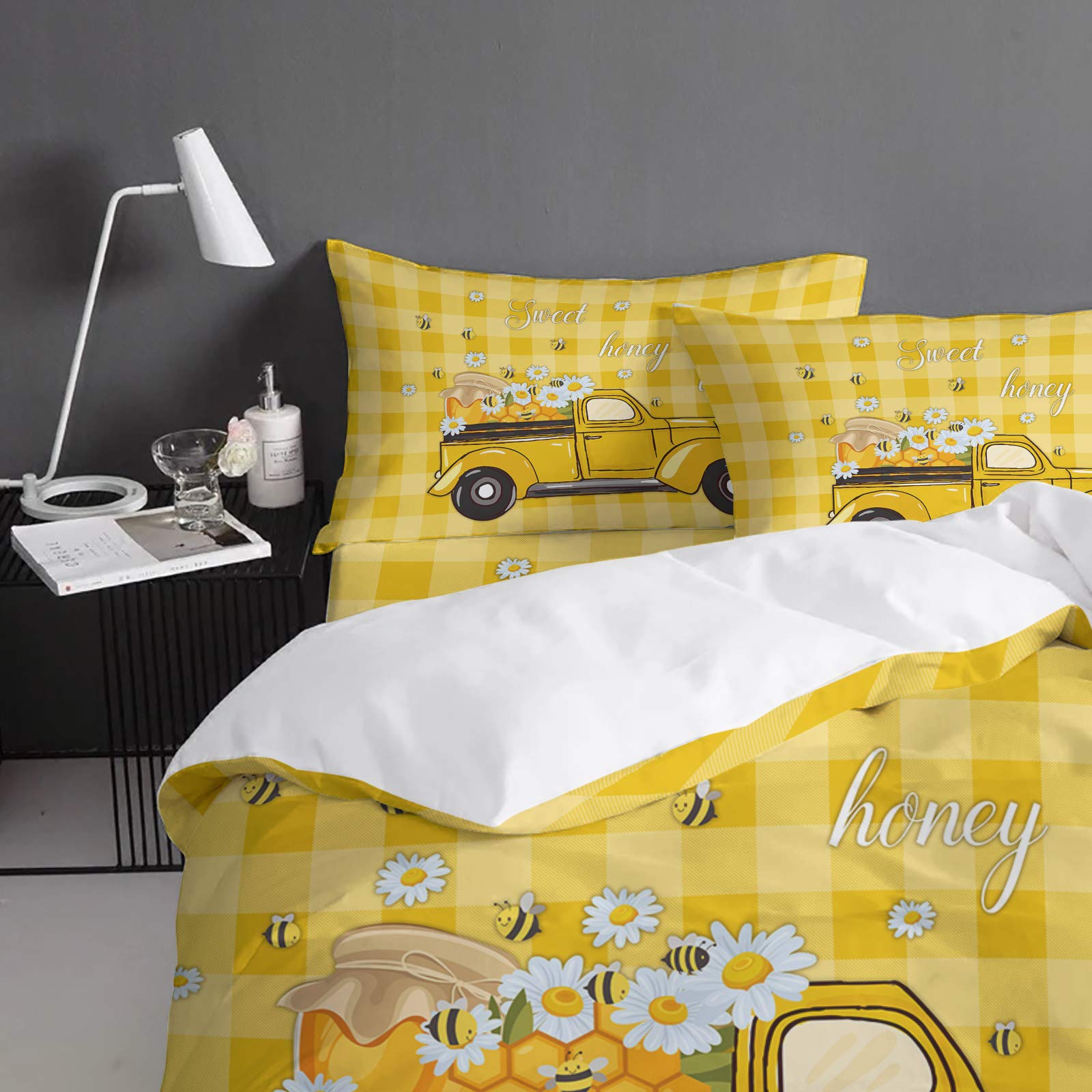 Yellow Truck Honey Bee Daisy 4-Piece Duvet Cover Set - Lightweight Microfiber Soft Comforter Cover for Adults & Teens - Summer Sweet Buffalo Plaid Bedding - Perfect for Cozy Bedrooms & Guest Rooms