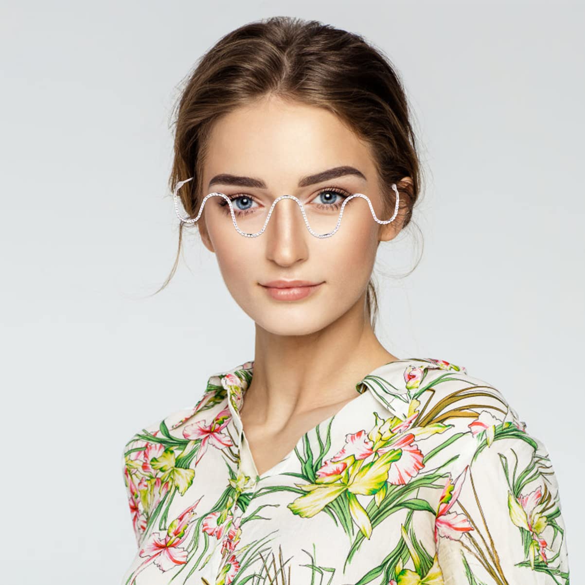 Sparkling Diamond Half Frame Glasses for Women - Fashionable Silver Eyeglass Frame Without Lenses | Perfect for Reading, Cosplay & Vintage Style Outfits
