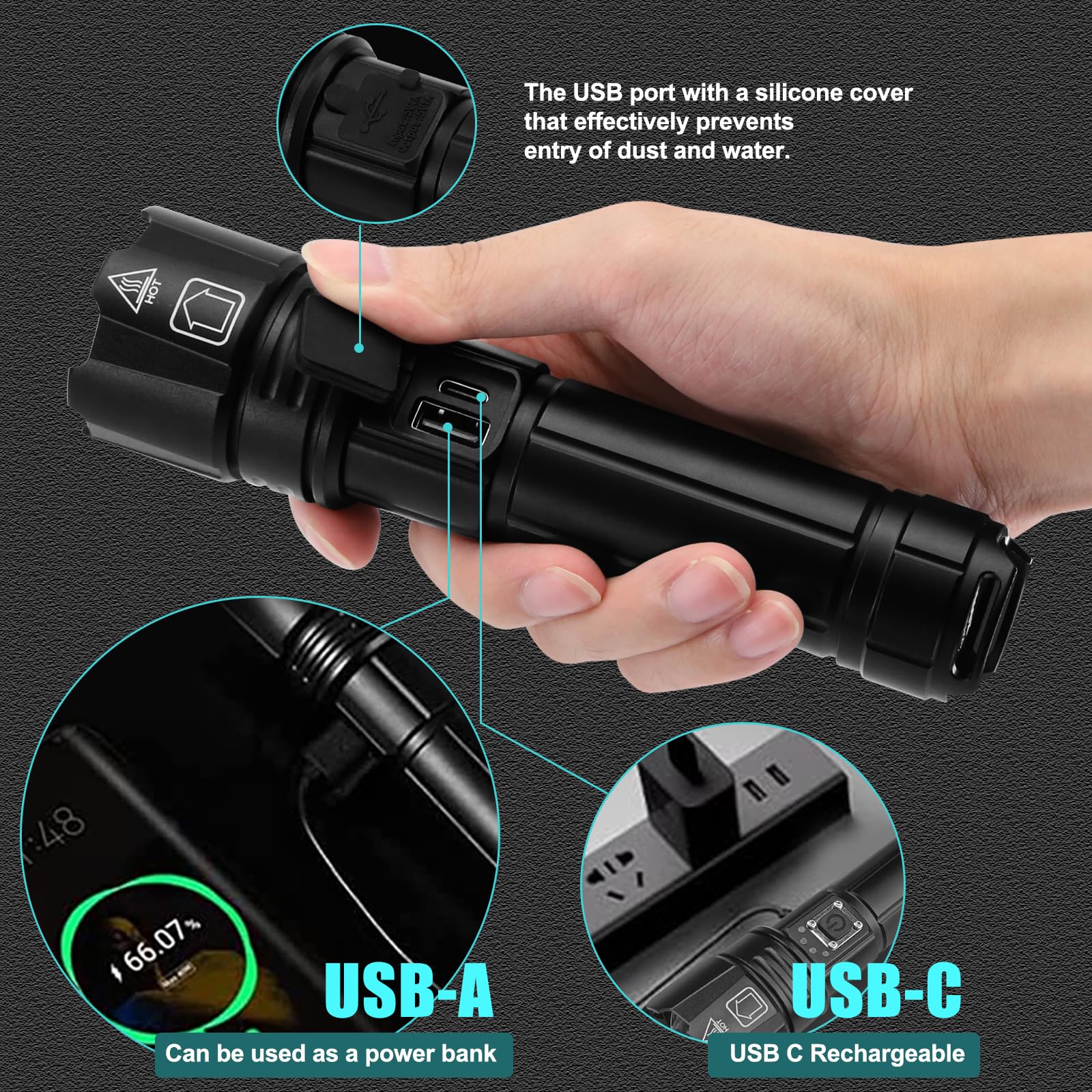 JNGKE 15000 Lumens Rechargeable LED Flashlight - Super Bright Tactical Flashlight with 5 Modes & Zoomable Beam - Waterproof Handheld Light for Camping, Hiking, Emergency, Dog Walking, Power Outages & Outdoor Adventures