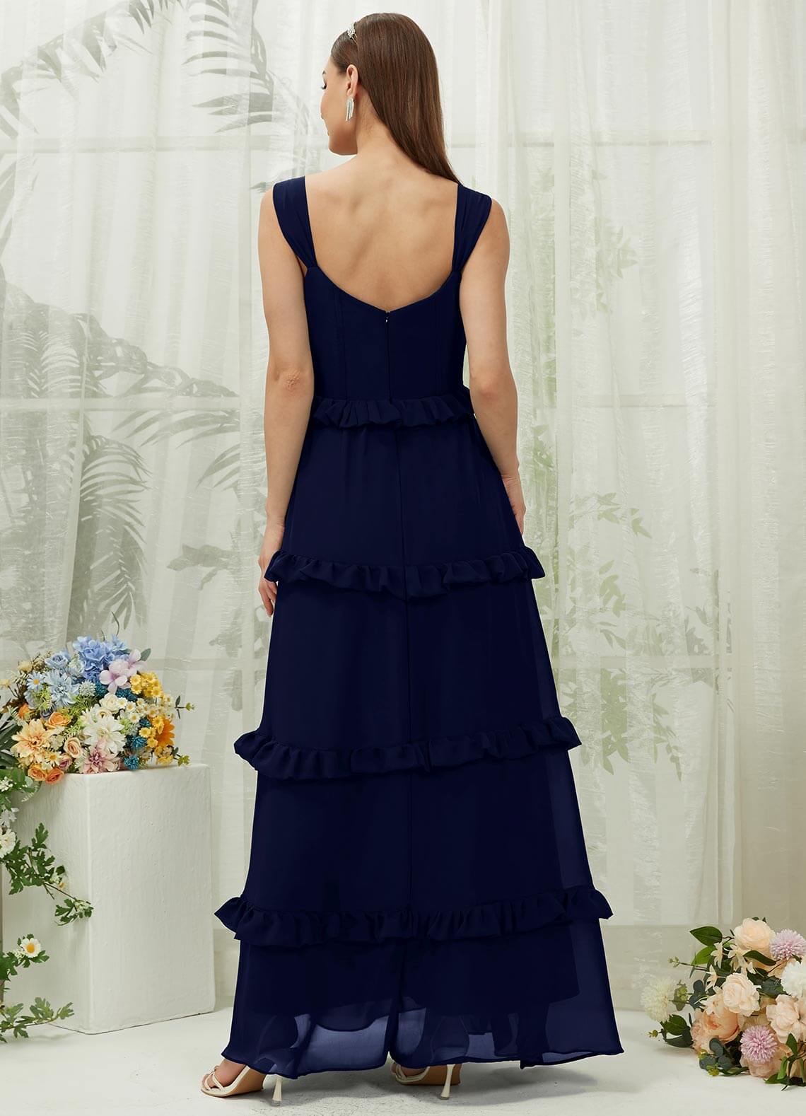 Elegant Dark Navy Chiffon Sweetheart Neckline Strapless Tiered Maxi Bridesmaid Dress - Perfect for Weddings, Formal Events & Evening Parties